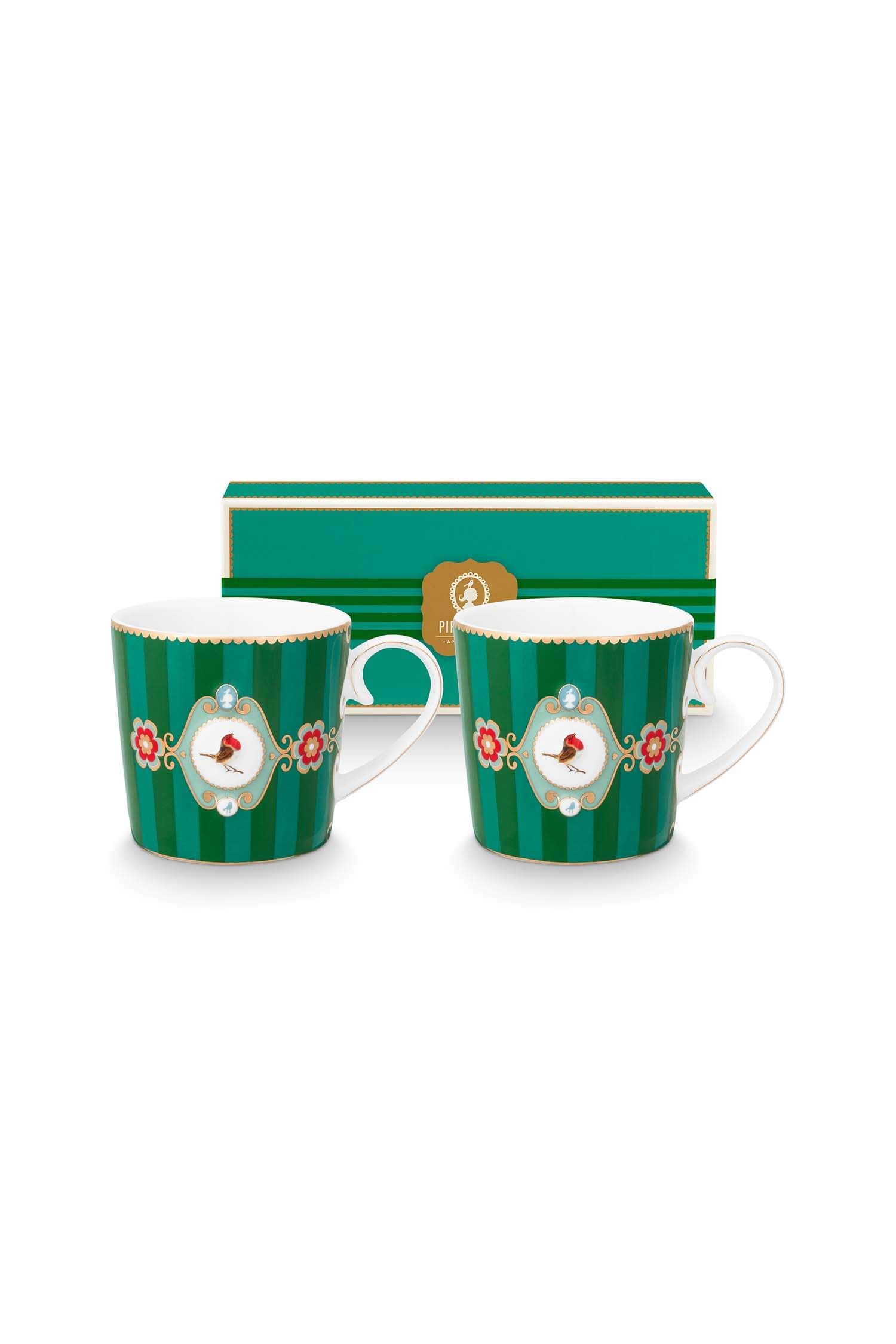 Set/2 Mugs Small Love Birds Medallion Stripes Emerald-Green