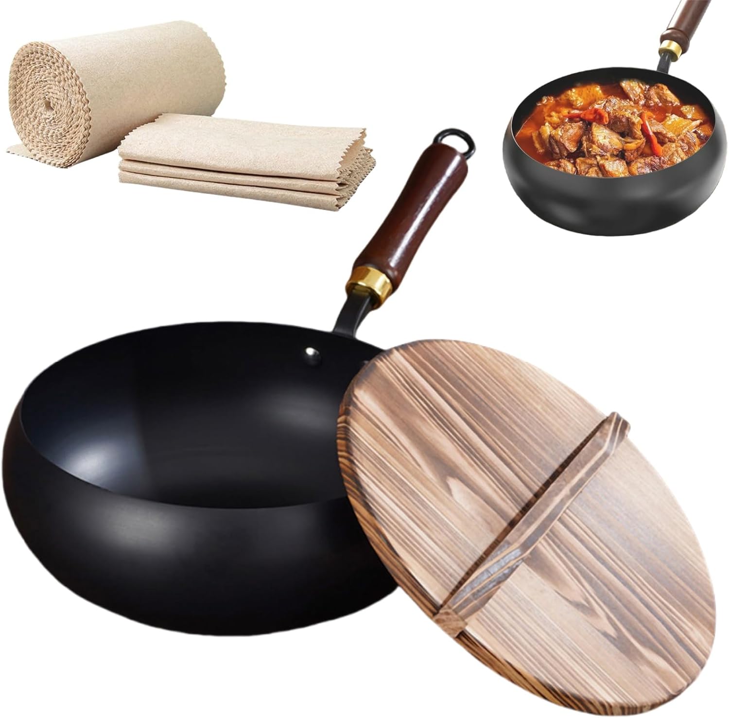 Iron Pot, 7.87-11.81 inch Uncoated Iron Pan with Lid, No Chemical Coated Flat Bottom Japanese Pans, Woks & Stir-Fry Pans Set for Induction, Electric, Gas (Wooden Lid, 7.87in)