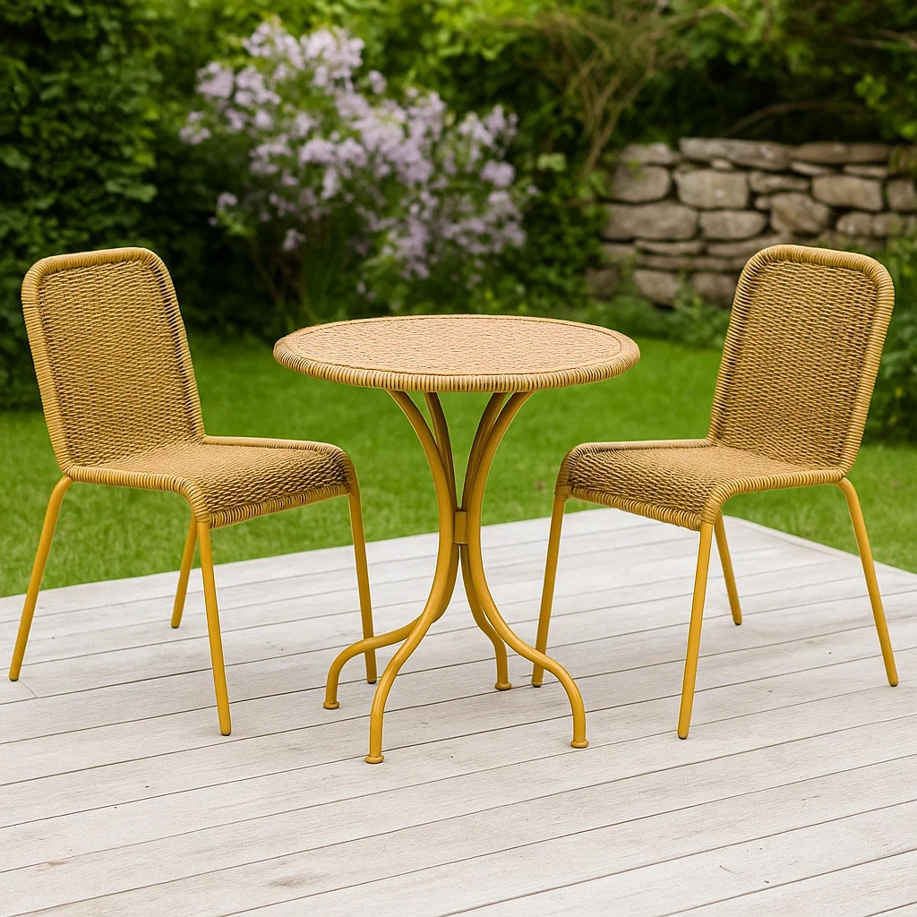 Muebles de salón para jardín, compuesto por 2 sillas y 1 mesa, material acero y ratán sintético, color amarillo, para exterior, dimensiones,mesa diámetro 60x75 cm,sillas 50x50x85 cm - 0n5CIIVtRMMH
