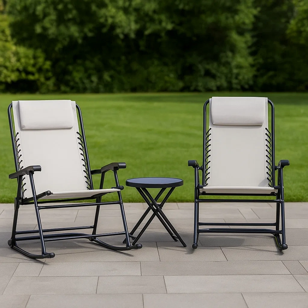 Conjunto de mecedoras de exterior,conjunto de 3 piezas con 2 mecedoras y mesa auxiliar,negro,acero y textil,jardín