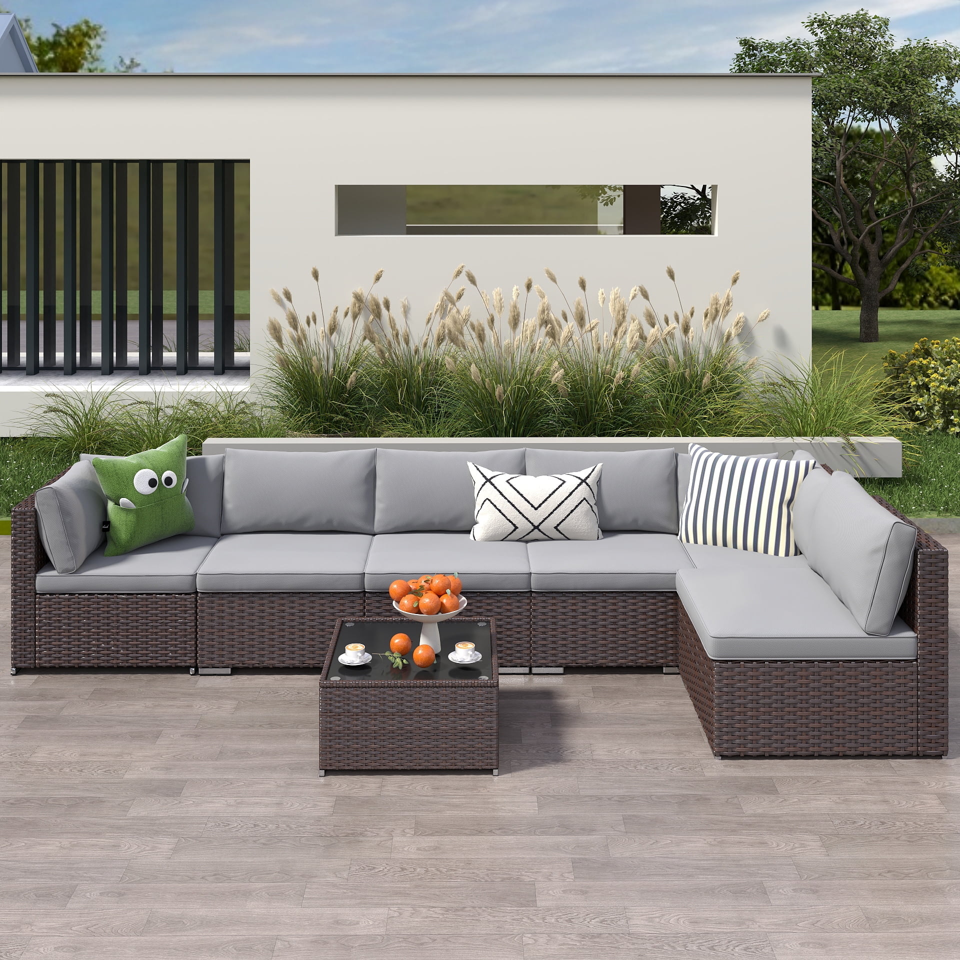 Patio Furniture Set Clearance Lofka Outdoor Sectional Furniture Sofa Set with Tempered Glass Table for Backyard, Garden & Poolside, Gray Cushions - Image 9