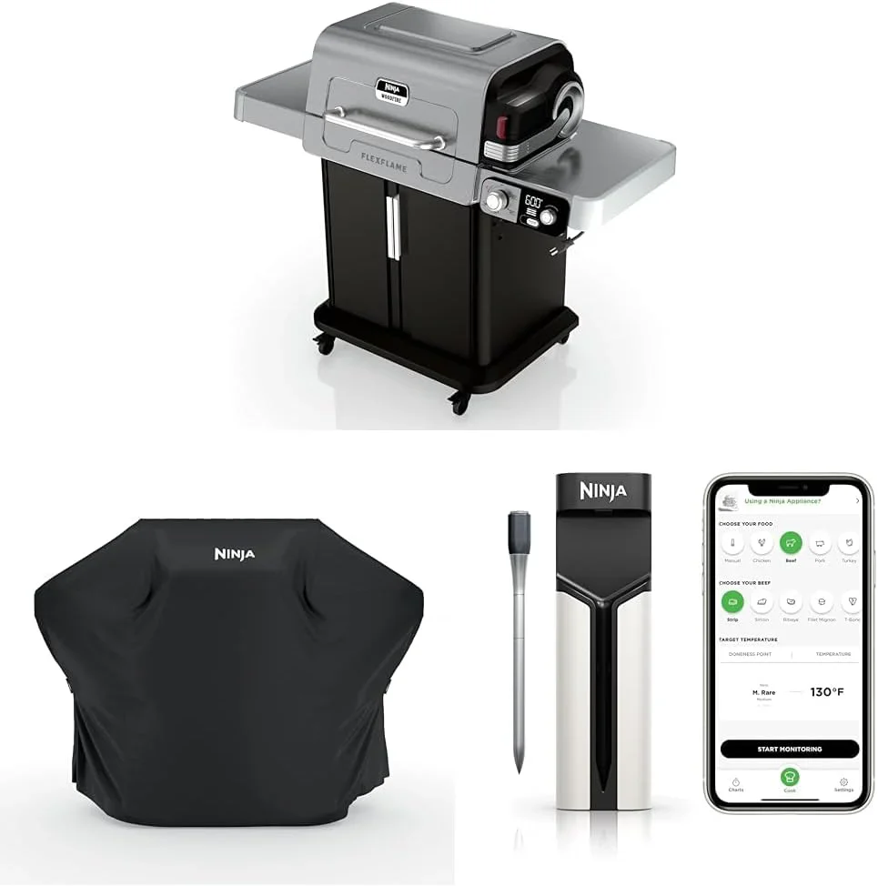 Ninja FlexFlame, Grill and Smoker, Electric and Propane Grill, Roaster, BBQ Grill, 5-in-1 Cooking System, 3 Burner, Digital Control, Outdoor Cooking, Griddle, Pizza Maker, Stainless Steel, PG301