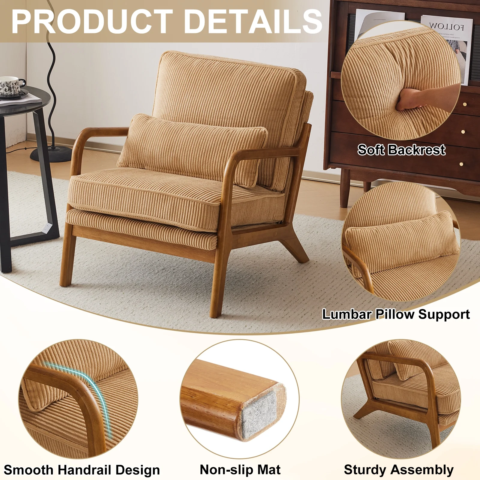 Ktaxon Accent Chair Corduroy Upholstered Armchair, Reading Club Chair with Pillow and Solid Wood Frame for Living Room Bedroom Furniture Off White - Image 76