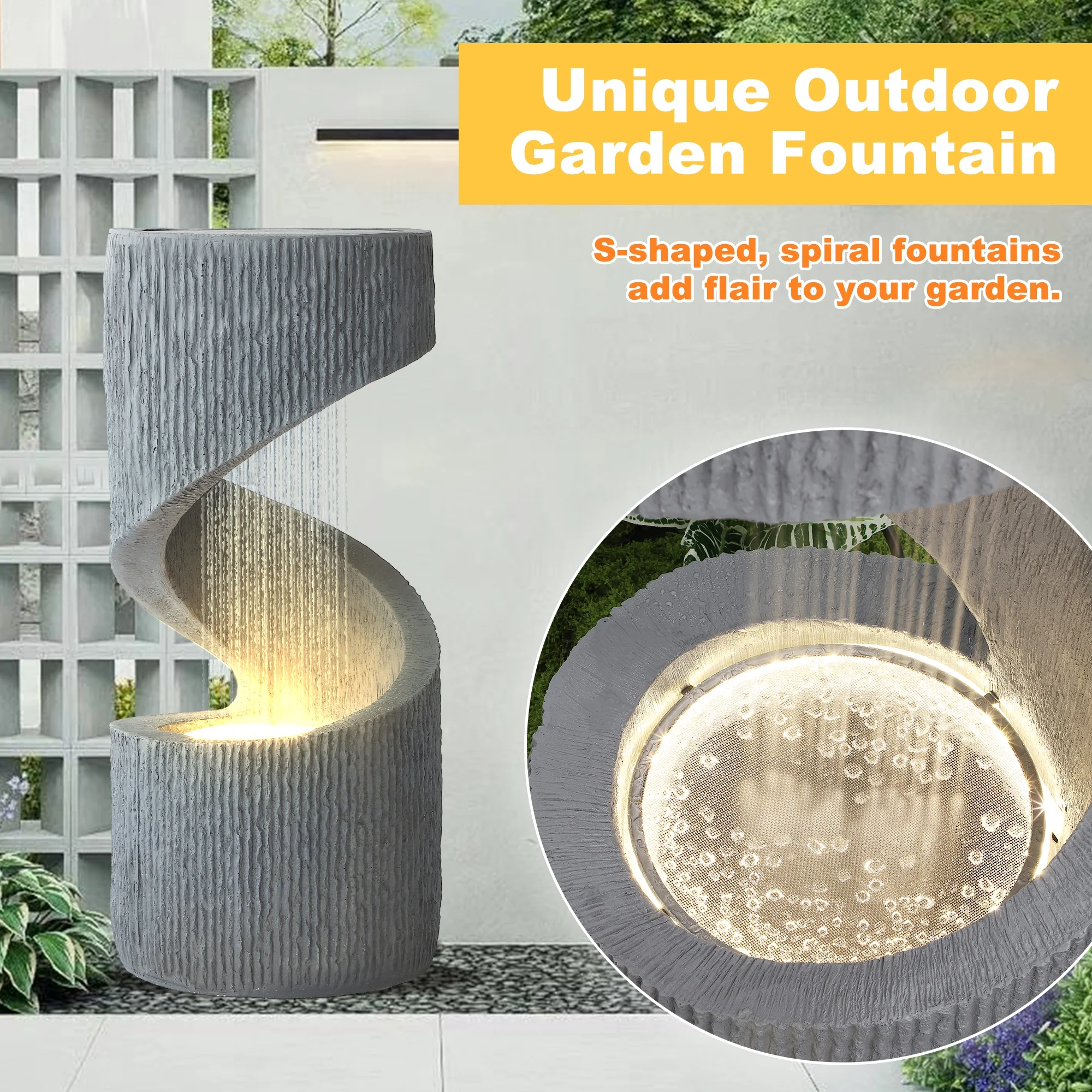 Magic Union Outdoor S-Shaped Water Fountain, Spiral Waterfall Indoor Fountain Outside Garden Decor with LED Lights & Pump, Curved Patio Resin Fountains for Yard, Deck, Porch and Home Decorations - Image 6
