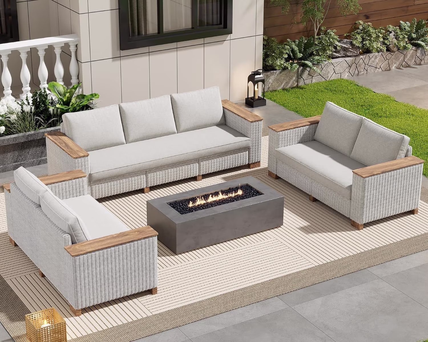 Jocisland Patio Furniture Set, 6 Piece Modular Rattan Outdoor Sectional Set with Washable Cushions, 3-Seat Outdoor Couch, 1 Loveseat, 1 Single Chair for Lawn Deck Backyard Garden, Beige - Image 3
