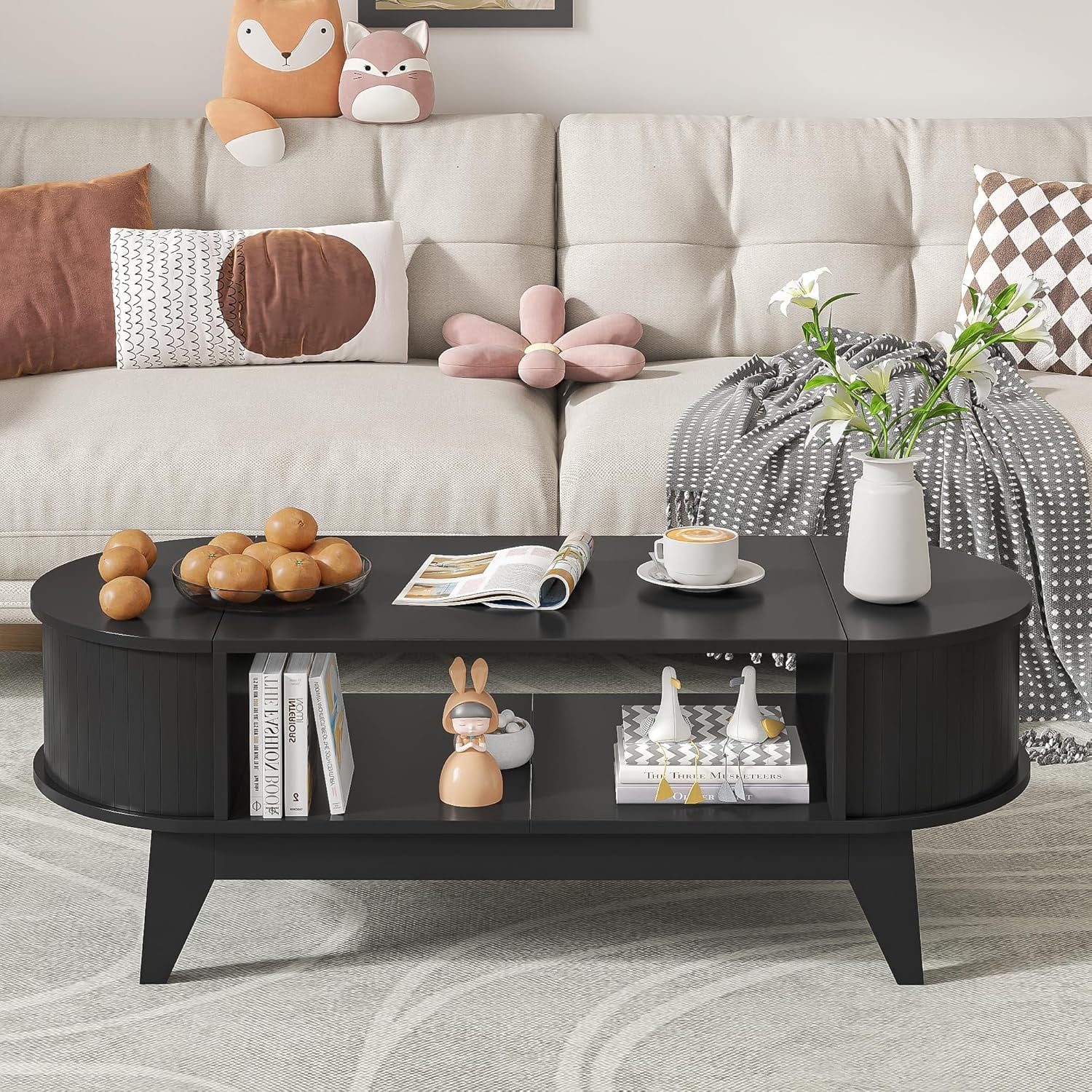 Fluted Coffee Table with Storage, Modern Coffee Tables, Wood Accent Center Table - Image 14