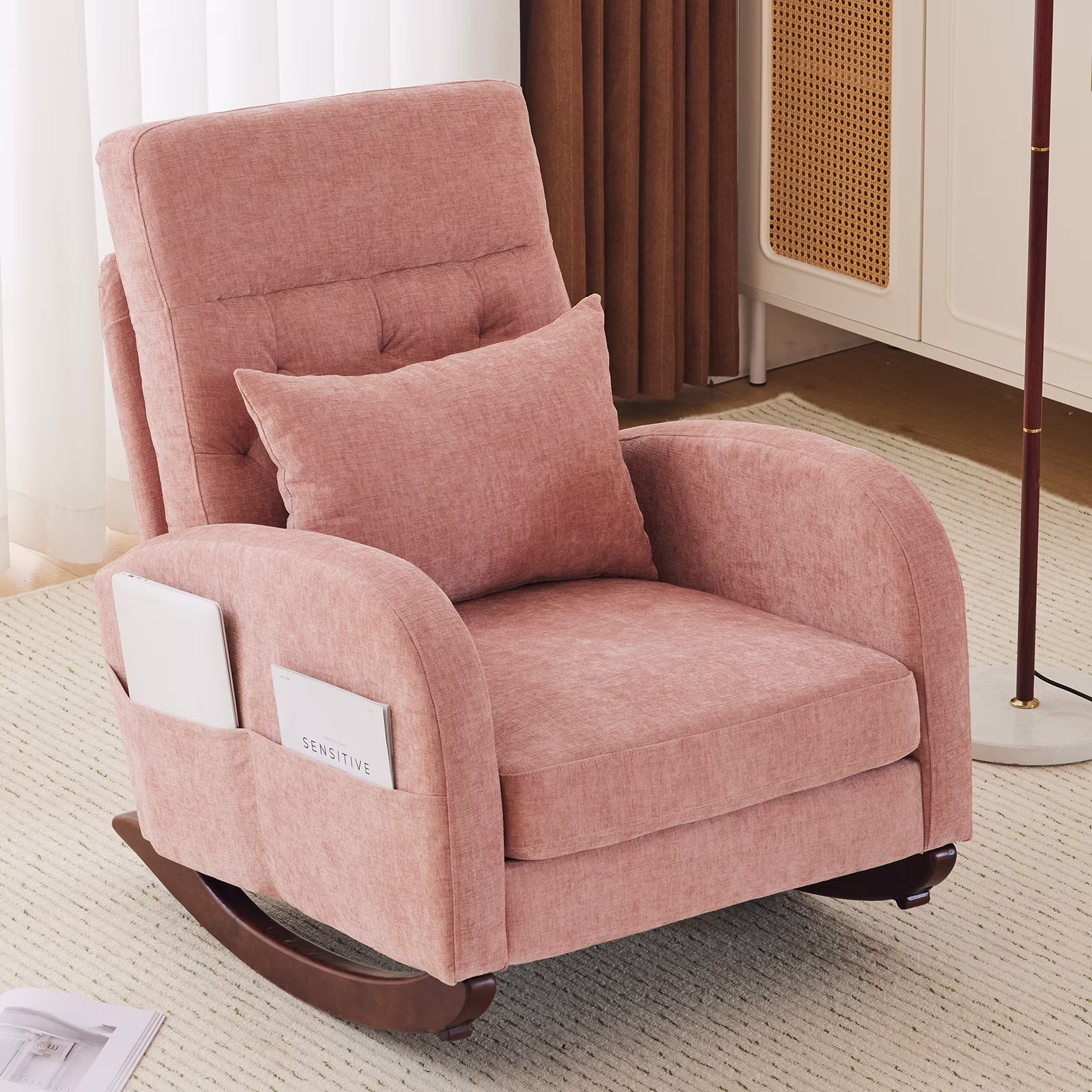 Ktaxon Rocking Accent Chair Glider Reading Chair Comfy Teddy Velvet Upholstered Single Sofa Rocker for Living Room, Nursery, Bedroom Beige - Image 3