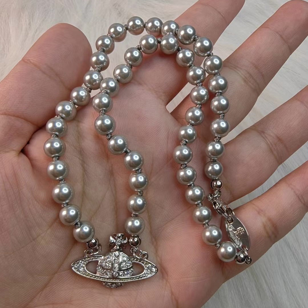 Vivienne Westwood Saturn Pendant Grey Pearl Necklace - Original Replica Club