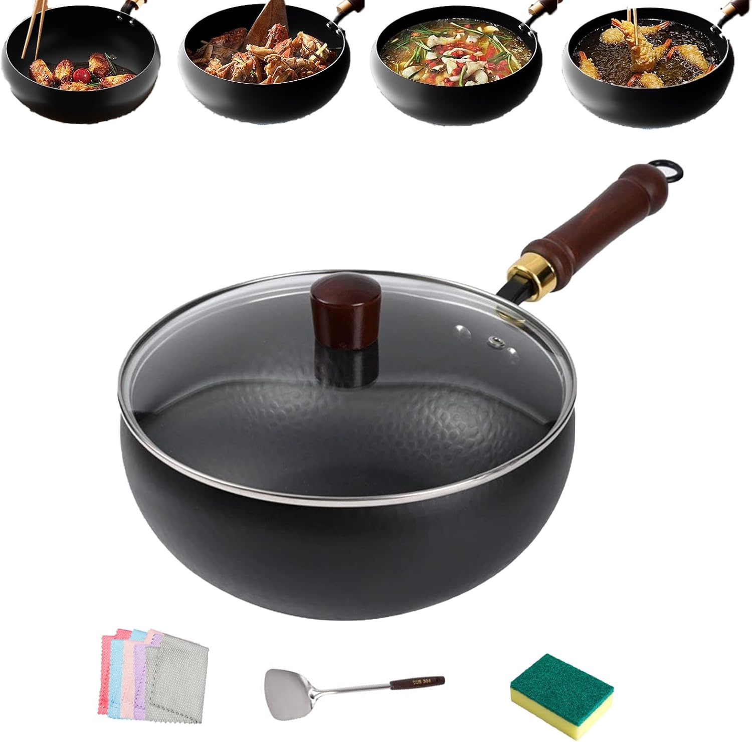 Japanese Cast Iron Wok Pan, 2026 New Non-Stick Uncoated Japanese Wok, Hand Hammered Multi-Purpose Cast Iron Pan with Lid & Spatula for Cooking Stewing (Hammered with Wooden Lid,28cm/11.02in)