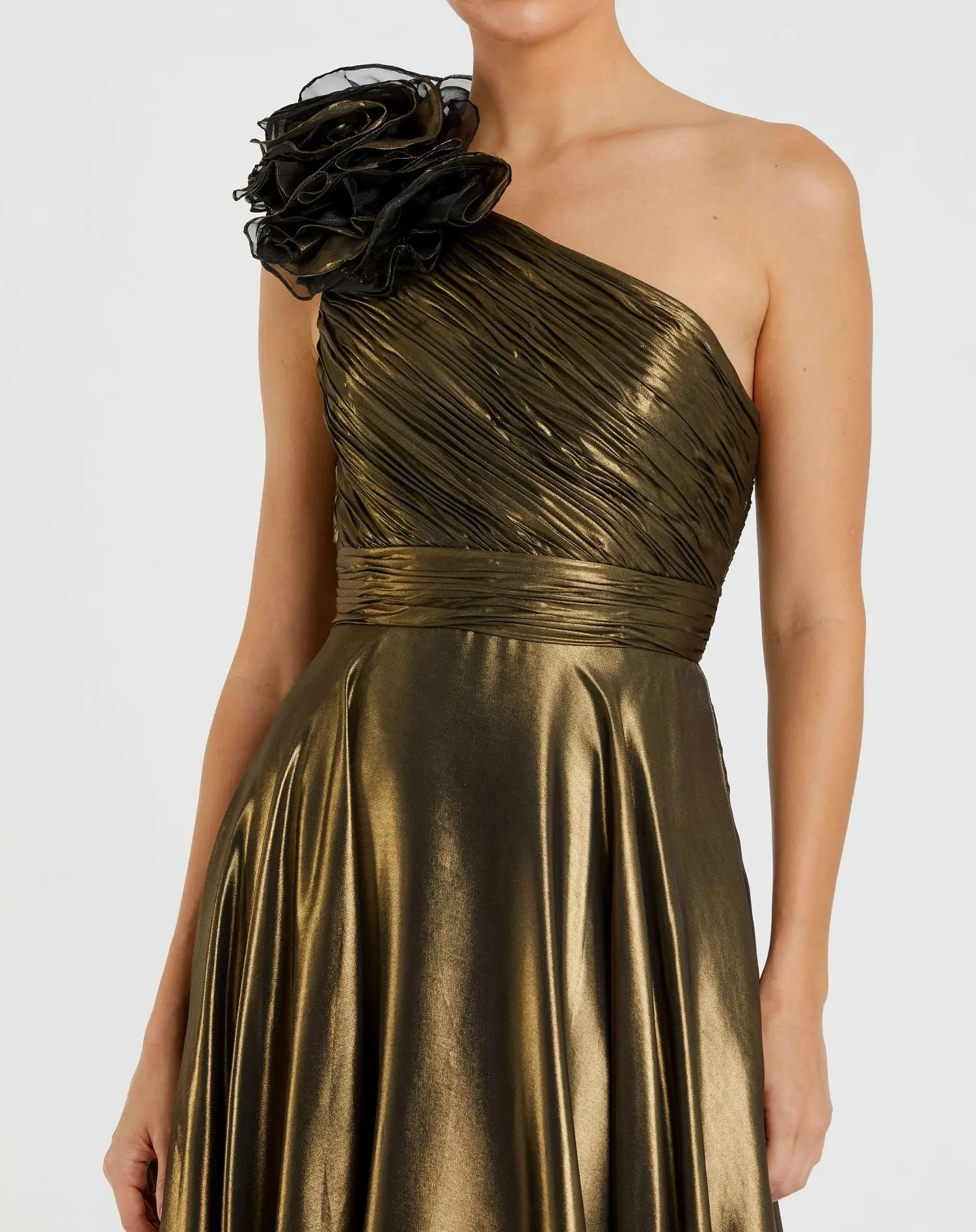 Gold Rosette One Shoulder Tea Length Dress - Special Events Unlimited