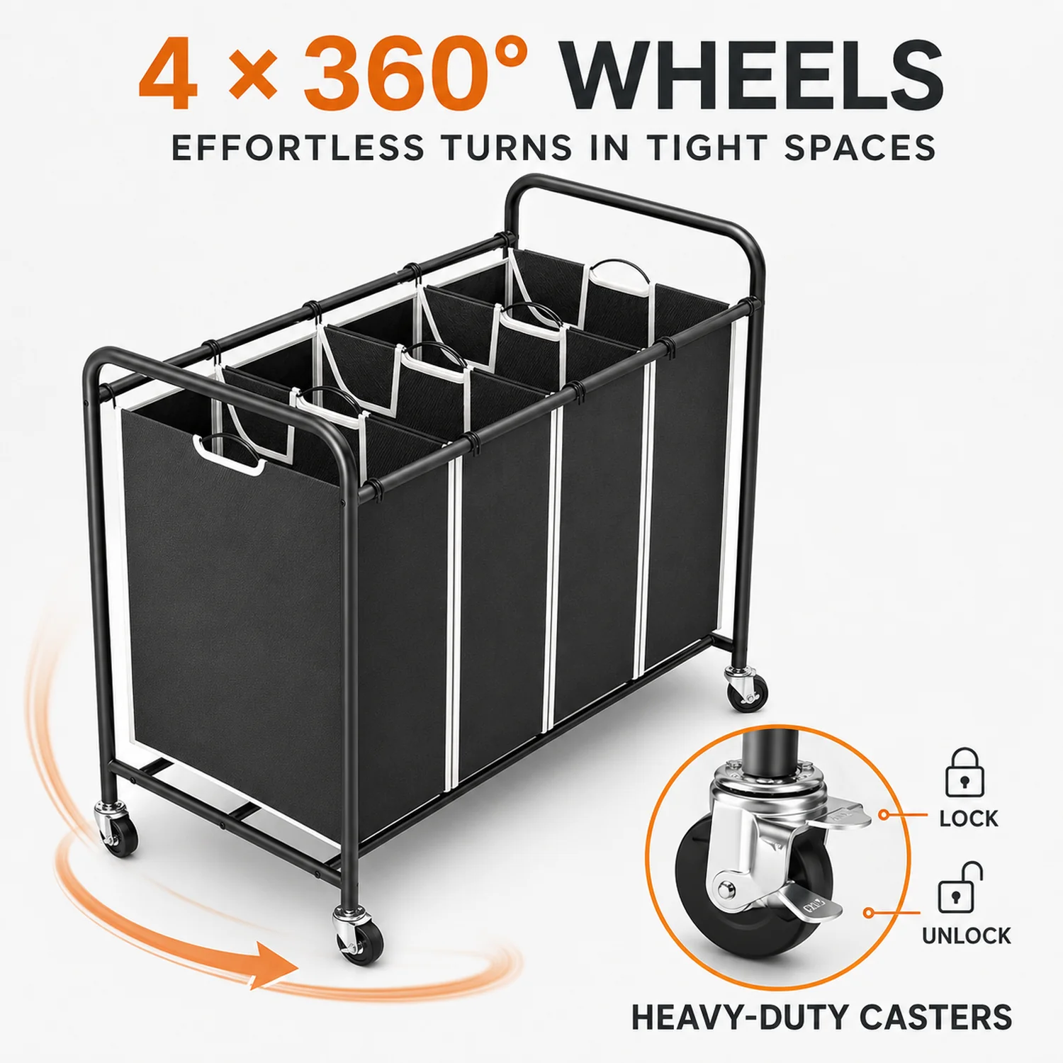 4-Bag Rolling Laundry Sorter Cart, 180L Oxford Fabric Hamper with Removable Bags, Locking Wheels, 100 lb Capacity, Black