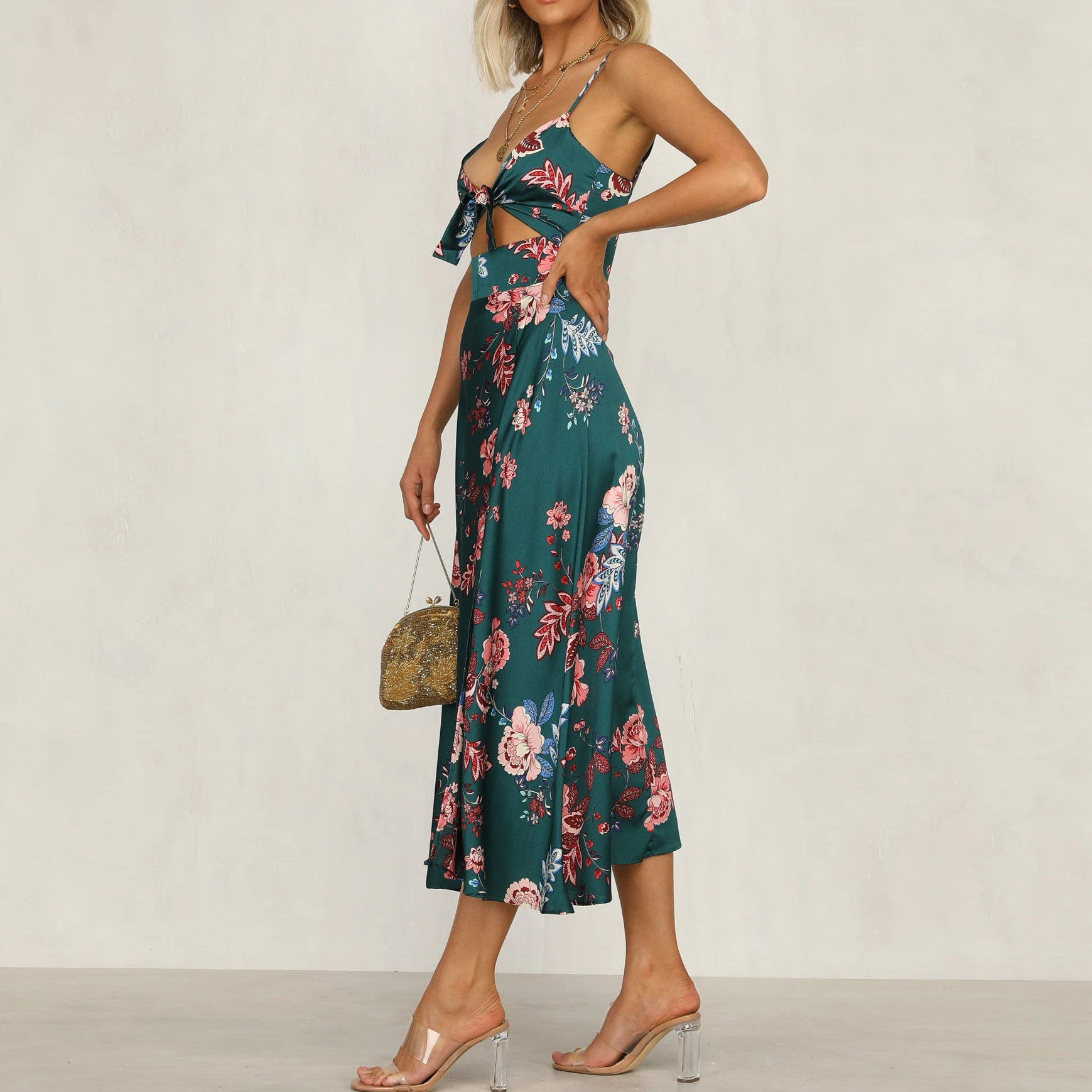 Fashion Temperament Printed Knotted Sling Dress