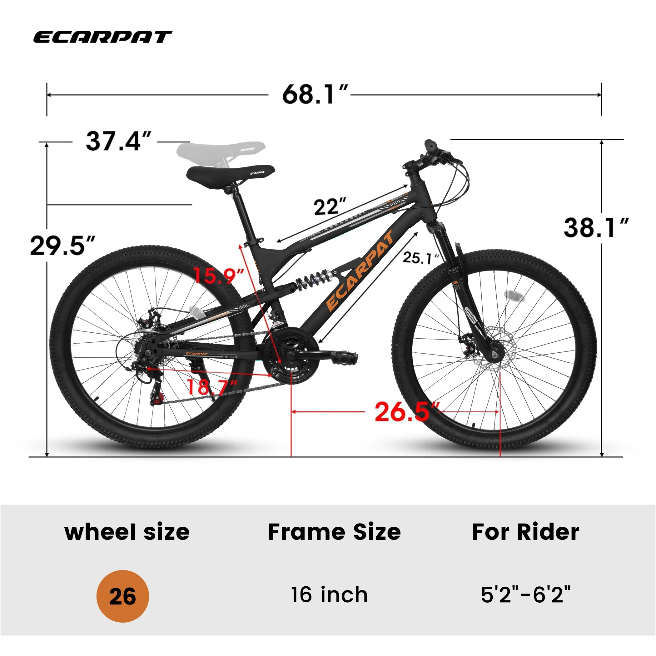26 Inch Mountain Bike, Dual Full Suspension 21-Speed Disc Brakes Thumb Shifter, Carbon Steel Frame Mountain Bike, Mens Womens Trail Commuter City Bicycles - Image 10