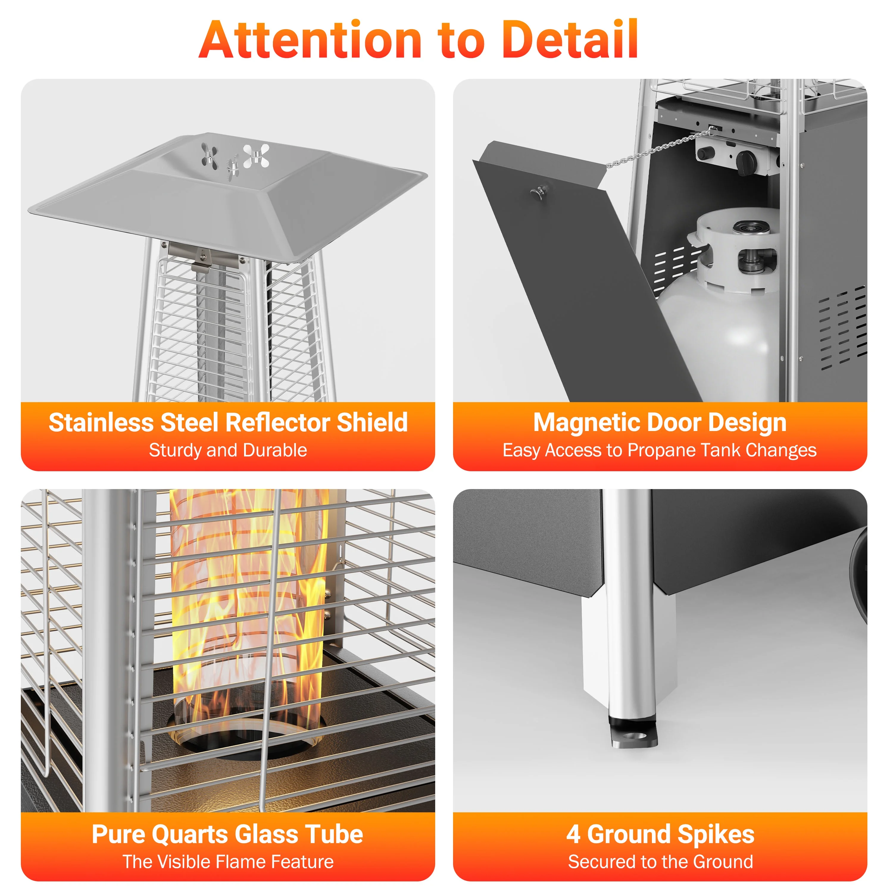 Segmart 48,000 BTU Pyramid Patio Heater, Tall Standing Outdoor Propane Heater with Wheels & Tip-Over Safety Protection, Visible Flame Glass Tube for Backyard, Garden, Commercial Use - Gray - Image 8