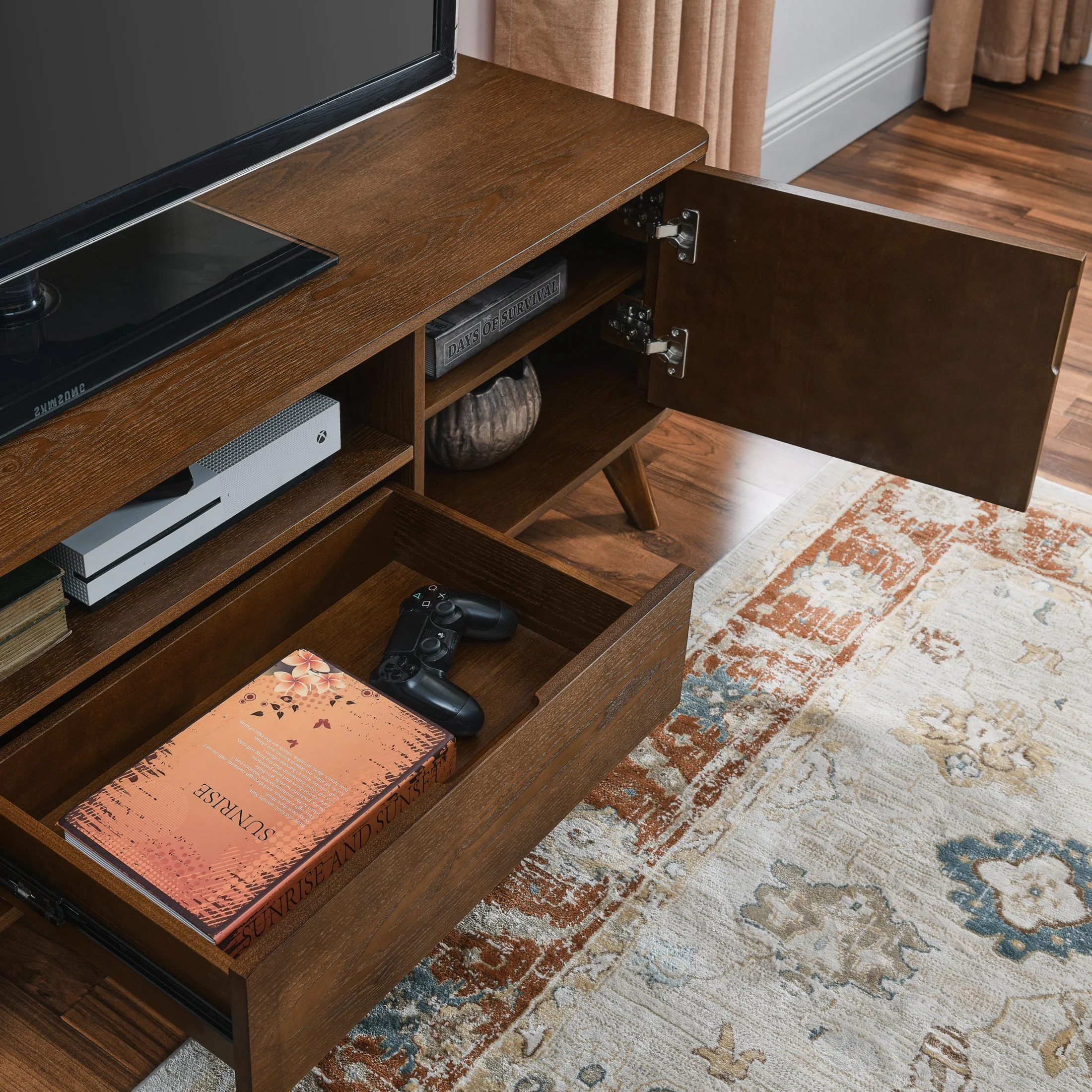 Noble House Mid-Century Modern Fluted TV Stand for 65" TV, Entertainment Console with Storage, Solid Wood Legs, Walnut - Image 10