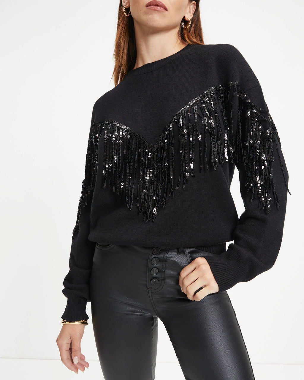 Western Glam Knit Fringe Sequin Pullover Sweater - Black - Se7enfashion
