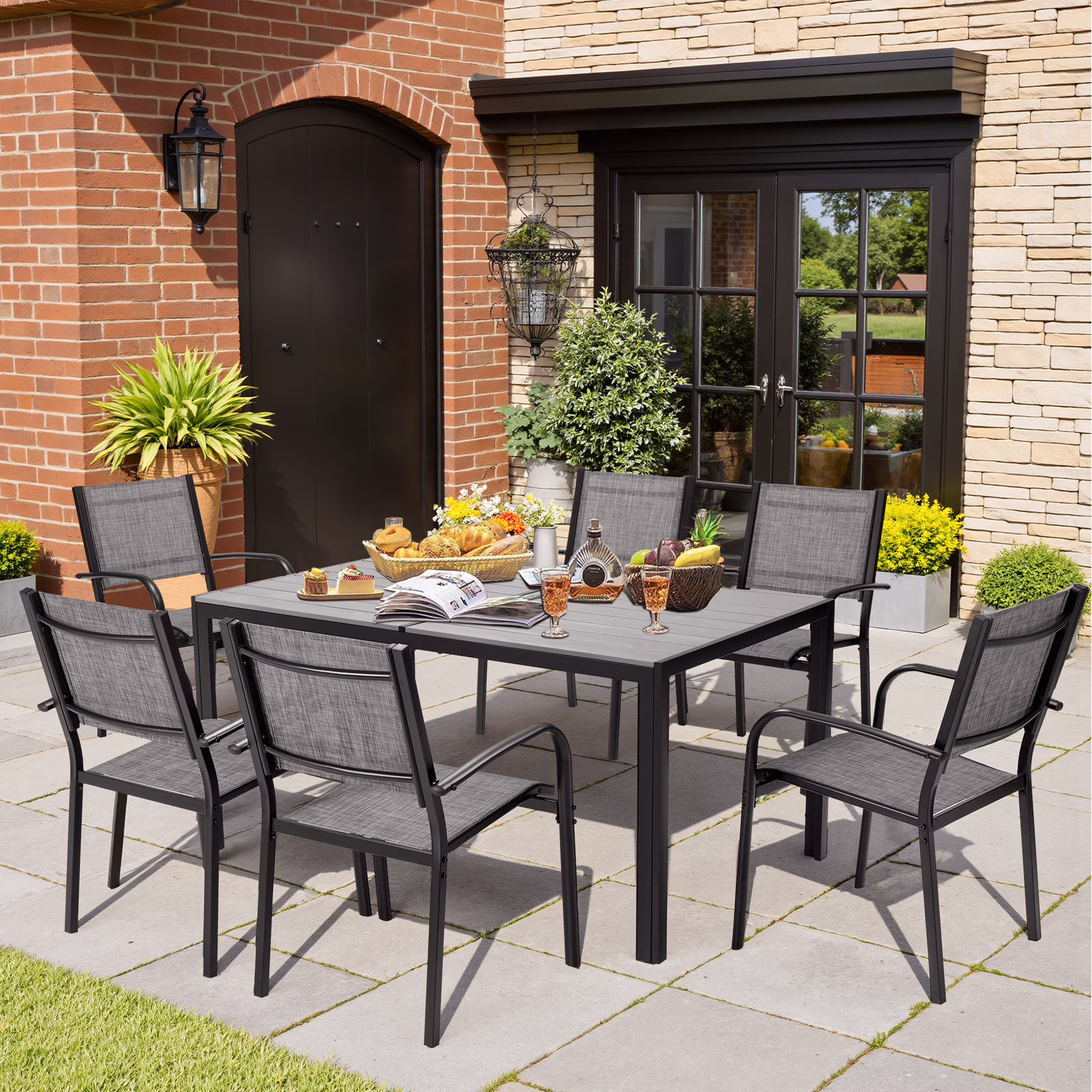 7 Piece Outdoor Dining Set, Patio Dining Table Set for 6 Persons, Garden Patio Textilene Dining Furniture Set with Plastic-Wood Tabletop, Dining Table Chairs Conversation Set for Deck Patio - Image 7
