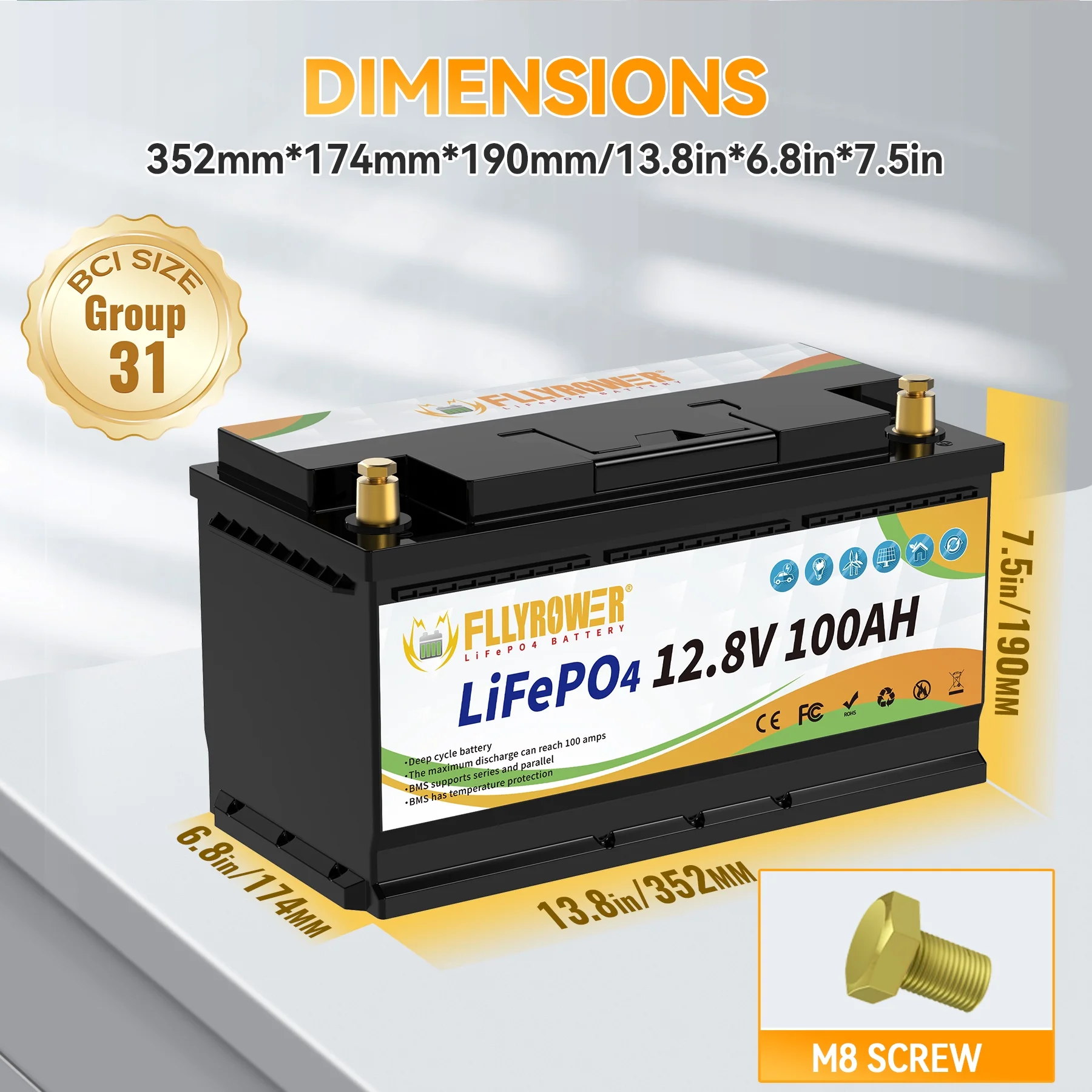 12V 100Ah LiFePO4 Lithium Battery with a Charger,for RV,Marine,Solar,Trolling Motor,Camping,Home Energy Storage,Built in 100A BMS,15000+Deep Cycles - Image 11