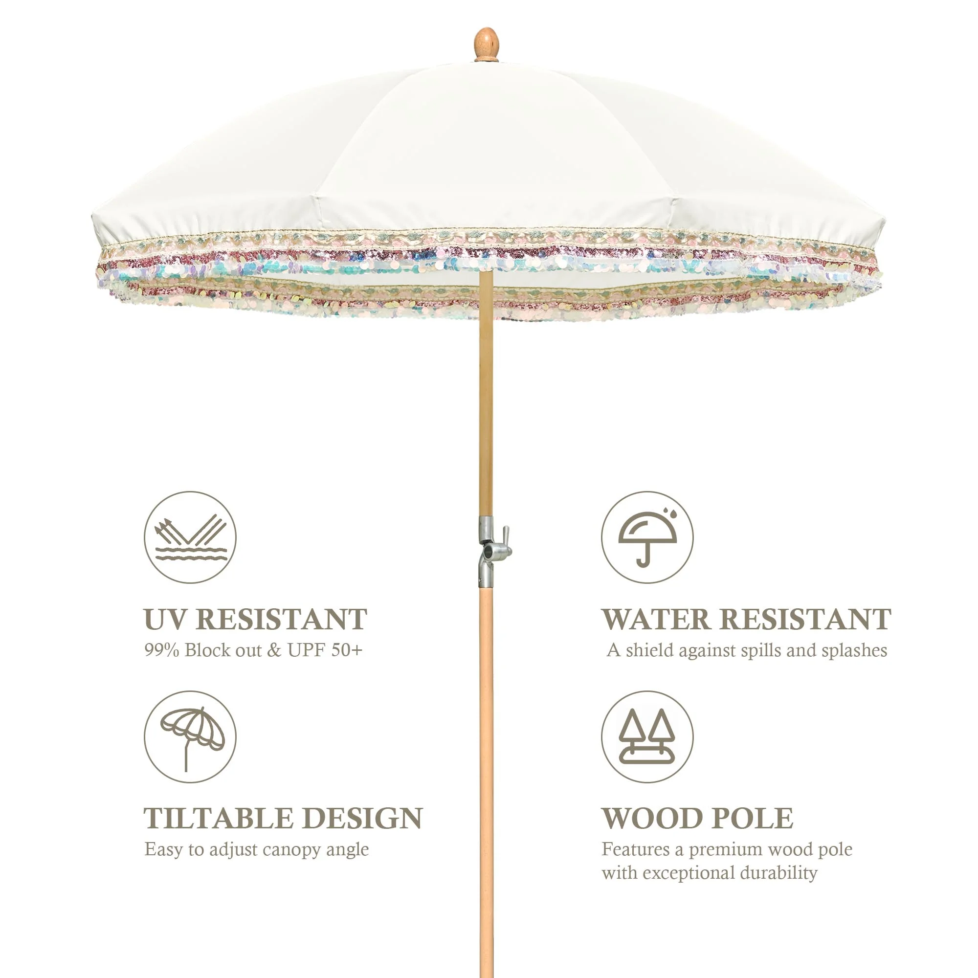 LAGarden 6 Ft Fringe Patio Umbrella with Tassel Jazz Age Wood UPF50+ for Outdoor, Beige with gold tassel,Model: JZ6-01 - Image 25