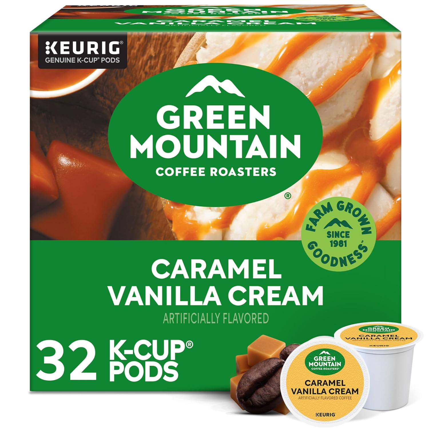 Green Mountain Coffee Roasters Caramel Vanilla Cream. Single-Serve Keurig K-Cup Pods. Flavored Light Roast Coffee Pods. 32 Count