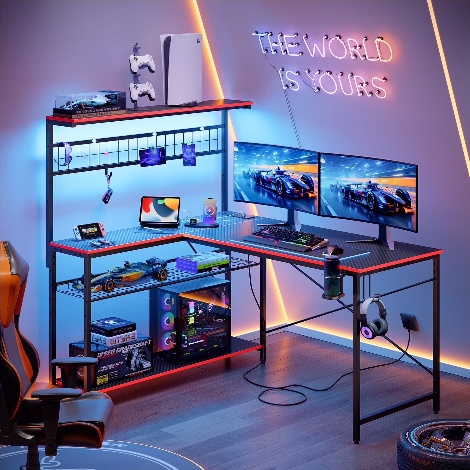 Bestier 51 L Shaped Gaming Desk with Power Outlets & LED Light, Computer Desk with 4 Tiers Shelves for Home Office, Reversible Gamer Table with Hooks and Cup Holder, Carbon Fiber - Image 5