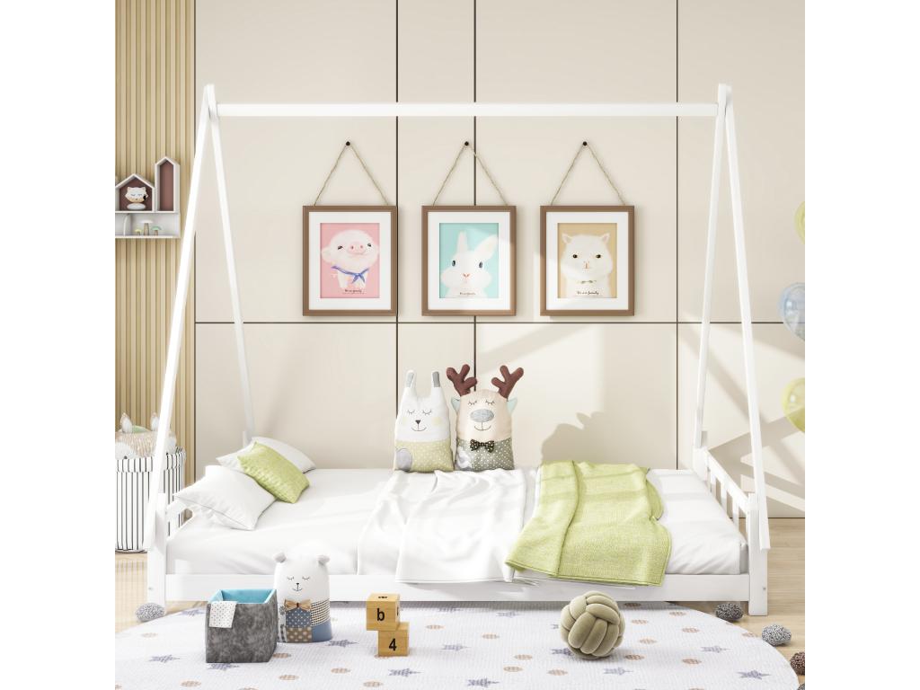 Cama tipi 140 x 200 cm - cama individual - madera maciza - somier incluido - color: blanco