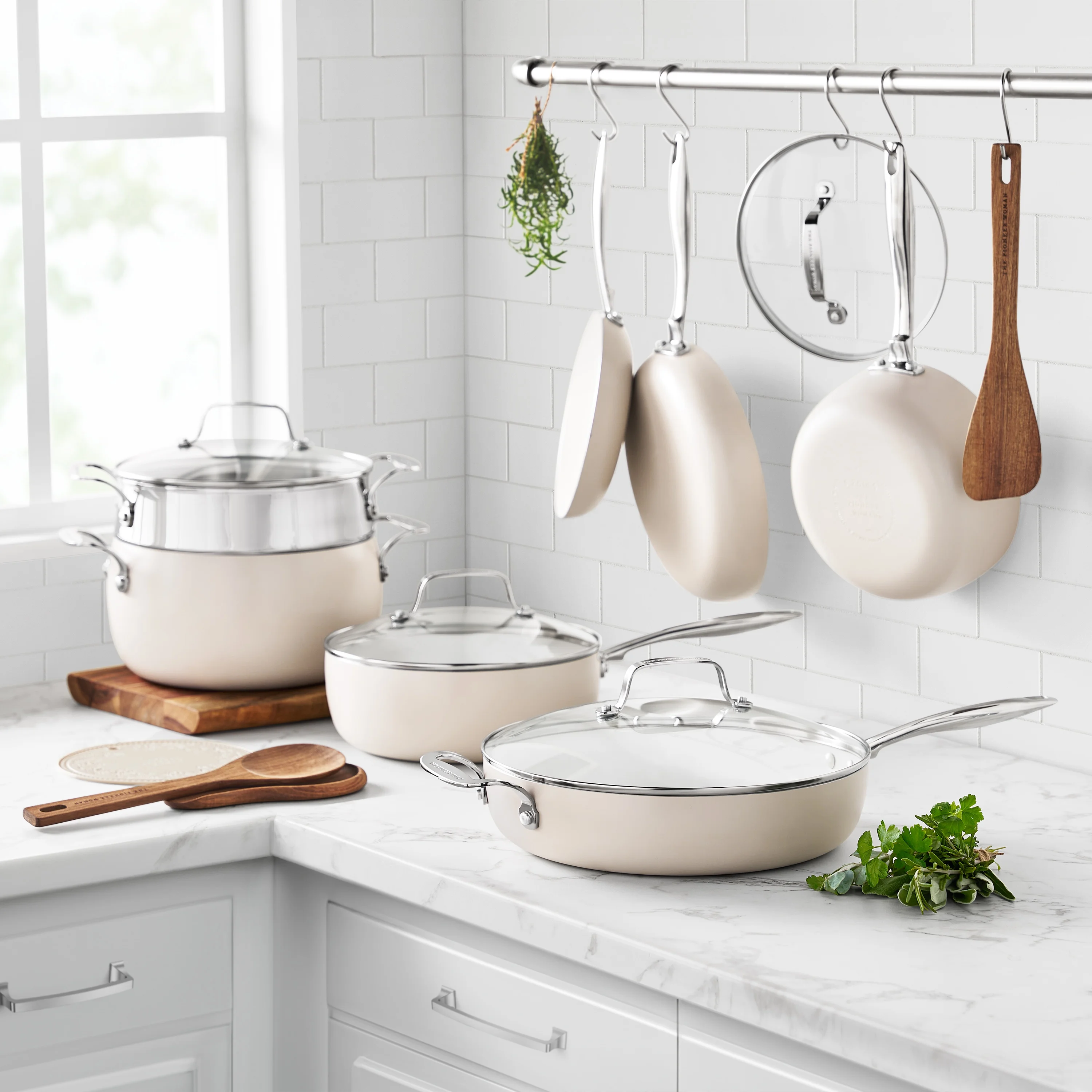 The Pioneer Woman Harlow 15-Piece Cookware Set, Ceramic Non-Stick Pots and Pans Set, Taupe - Image 2