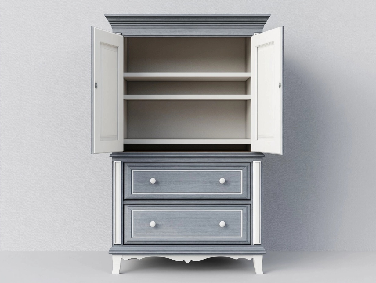 Armario aparador de madera azul y blanco 120x45x180 cm para salón y dormitorio con cajones y compartimentos de almacenamiento estilo clásico