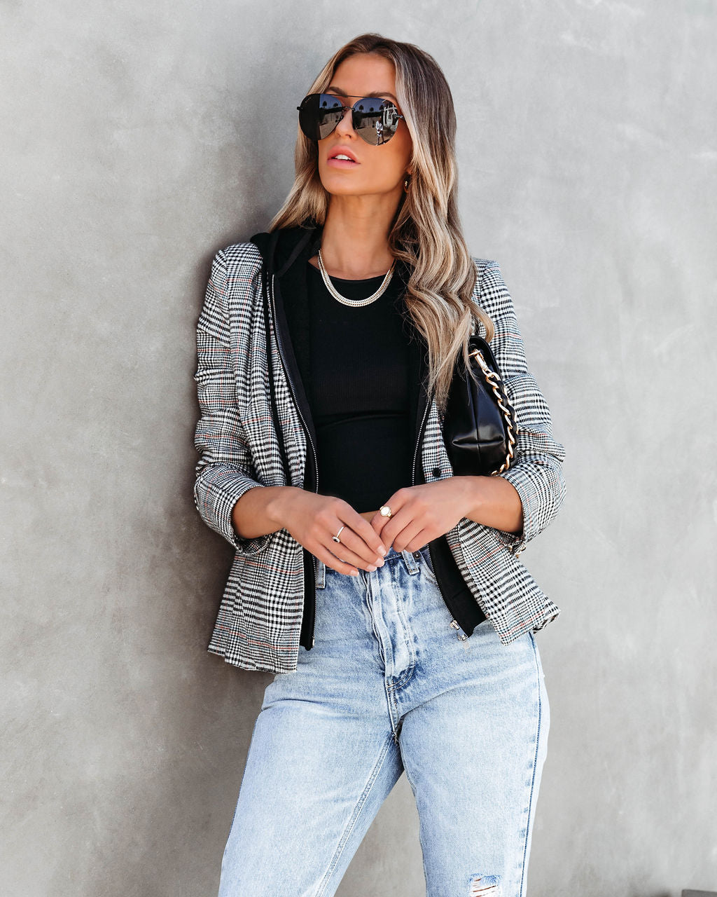 Avant Garde Gal Plaid Pocketed Hooded Blazer - Se7enfashion
