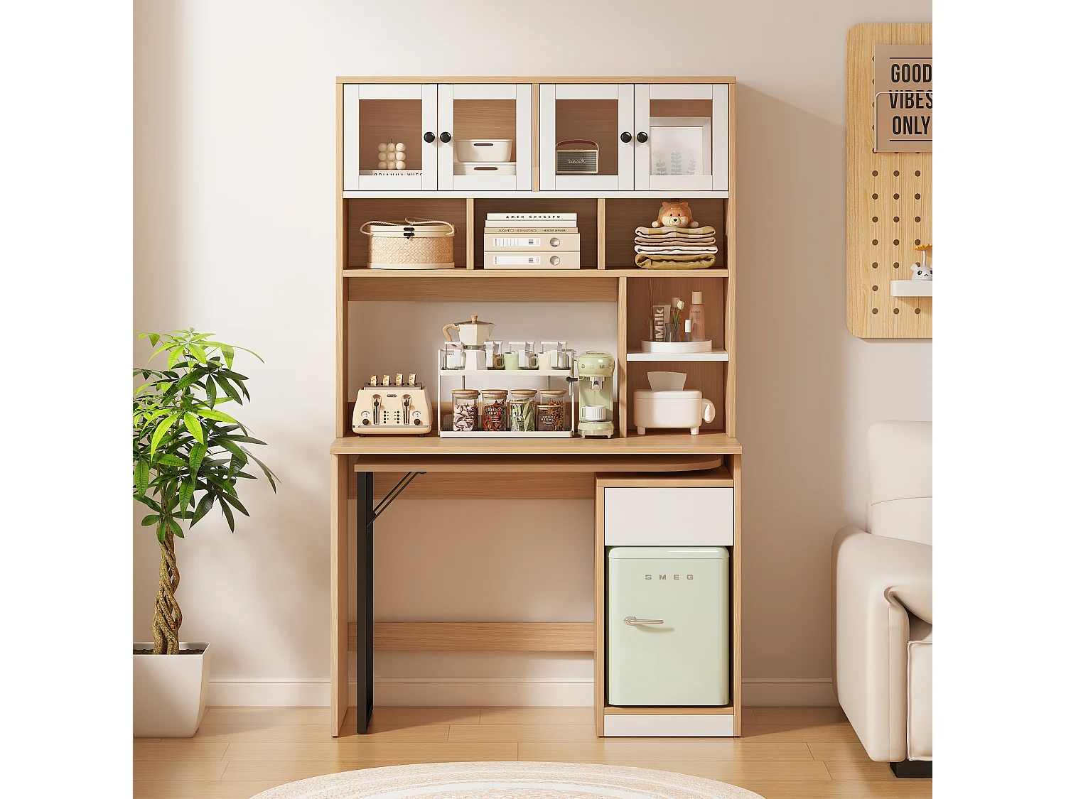 Secreter con almacenaje, encimera giratoria, MDF, blanco y madera natural (110x55x180 cm)