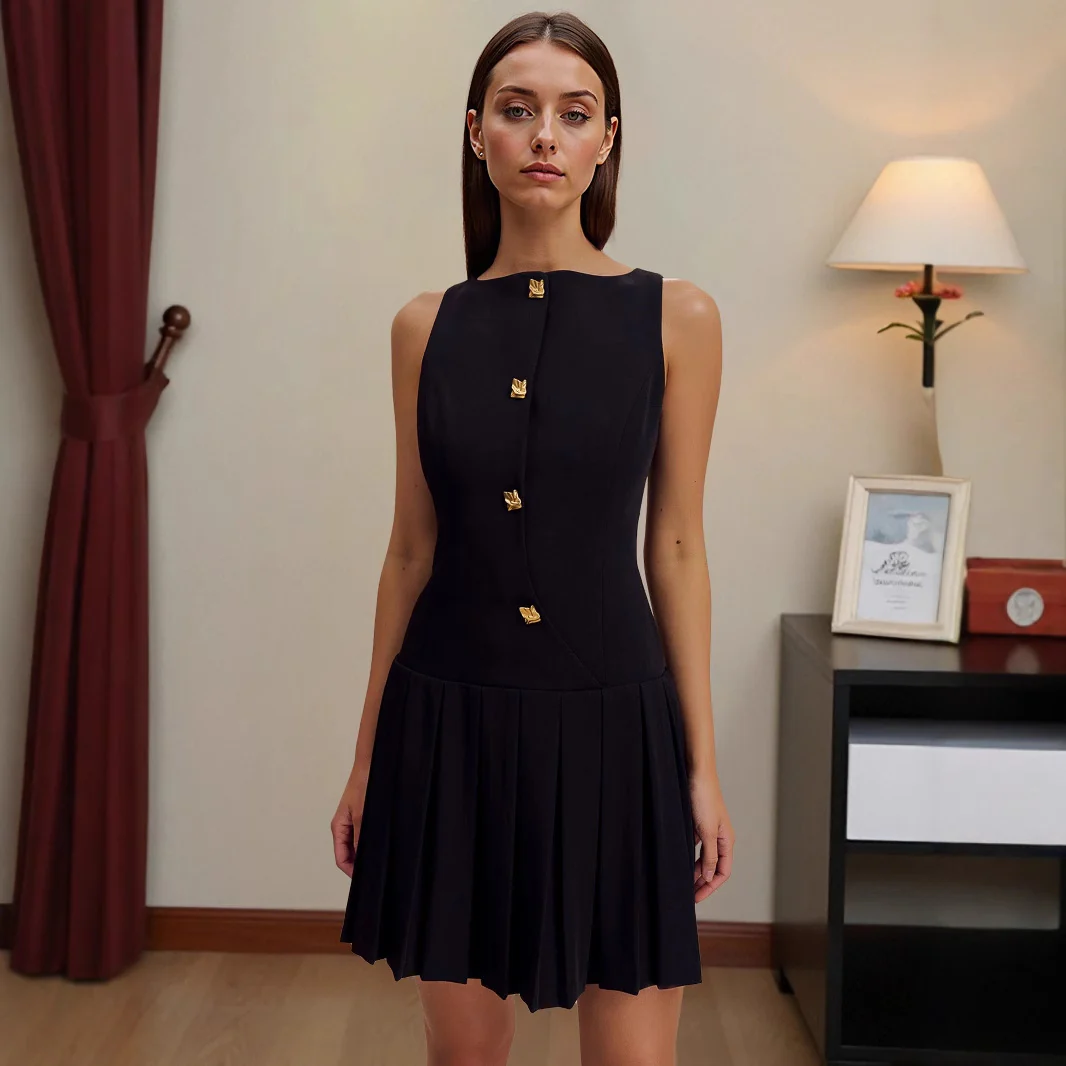Personalized wide pendulum pleated waist solid color sleeveless short dress - Se7enfashion
