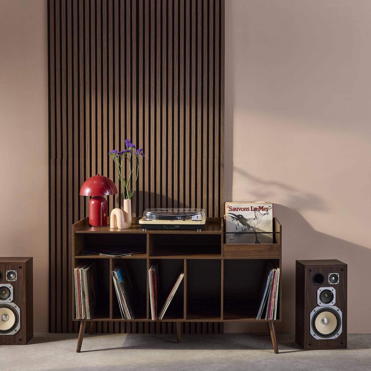 Nepal - Mueble de vinilos XL vintage efecto madera oscura, 130cm