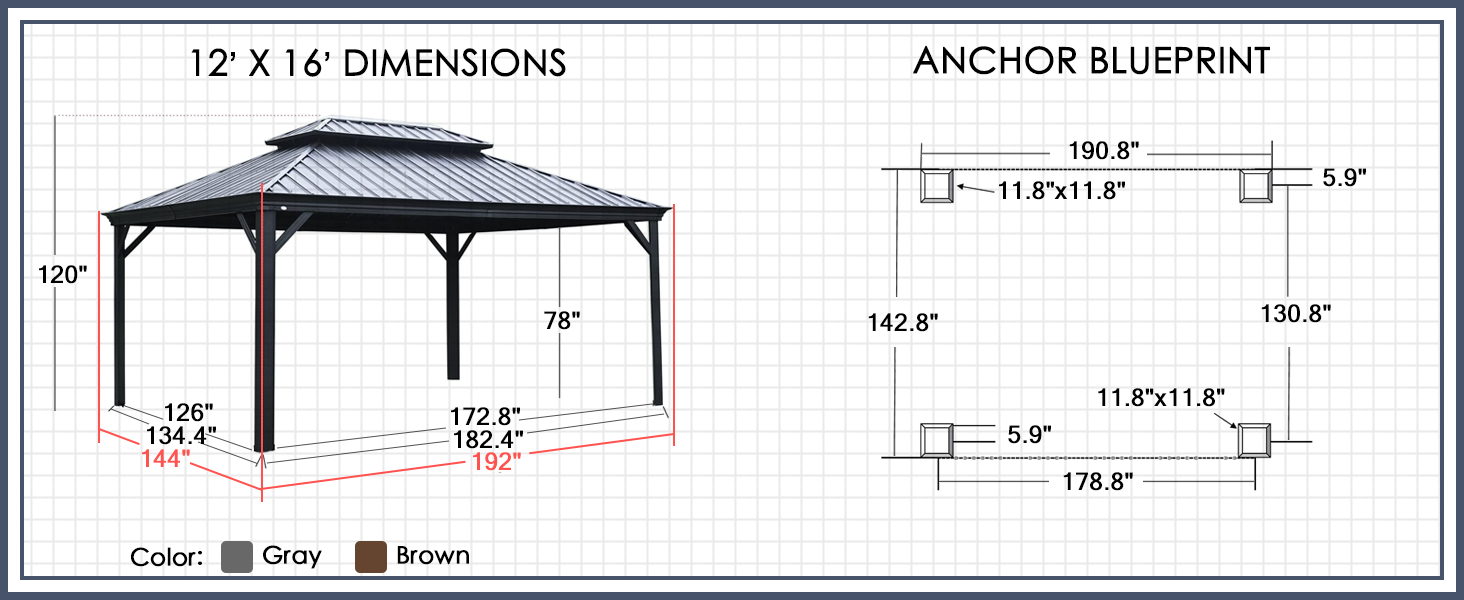 12' X 16' Gazebo Dimensions and Anchoring Blueprint