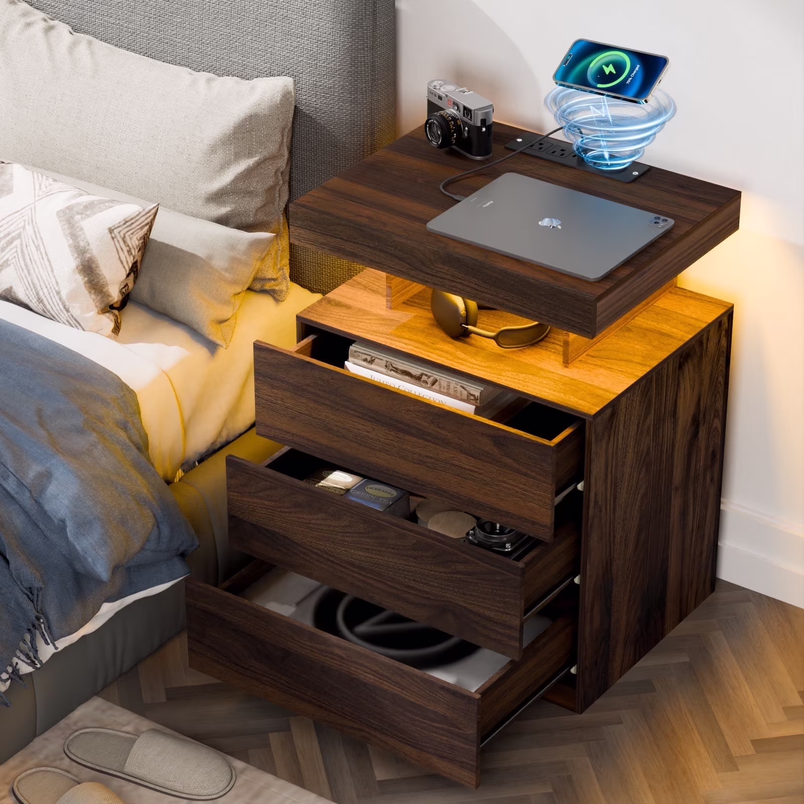 Hommpa LED Nightstand Wireless Charging Station USB Type C Outlets Bedside Table 3 Drawers Black Night Table Modern Smart Nightstand High Gloss End Side Table for Bedroom Furniture 26.8" Tall - Image 3