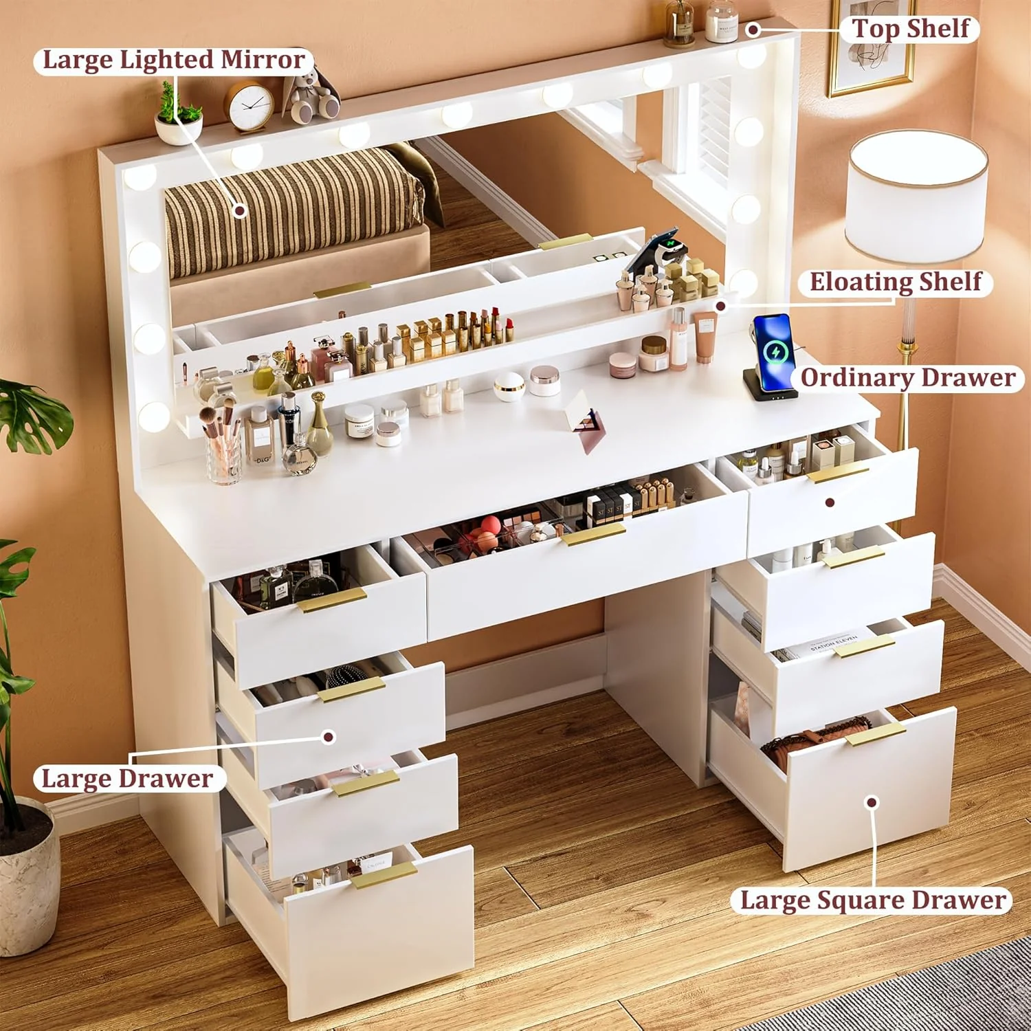 Fixwal 45.3" White Makeup Vanity Table with 9 Drawers, LED Lighted Mirror & Power Outlet - Image 3 Fixwal 45.3" White Makeup Vanity Table with 9 Drawers, LED Lighted Mirror & Power Outlet - Image 3