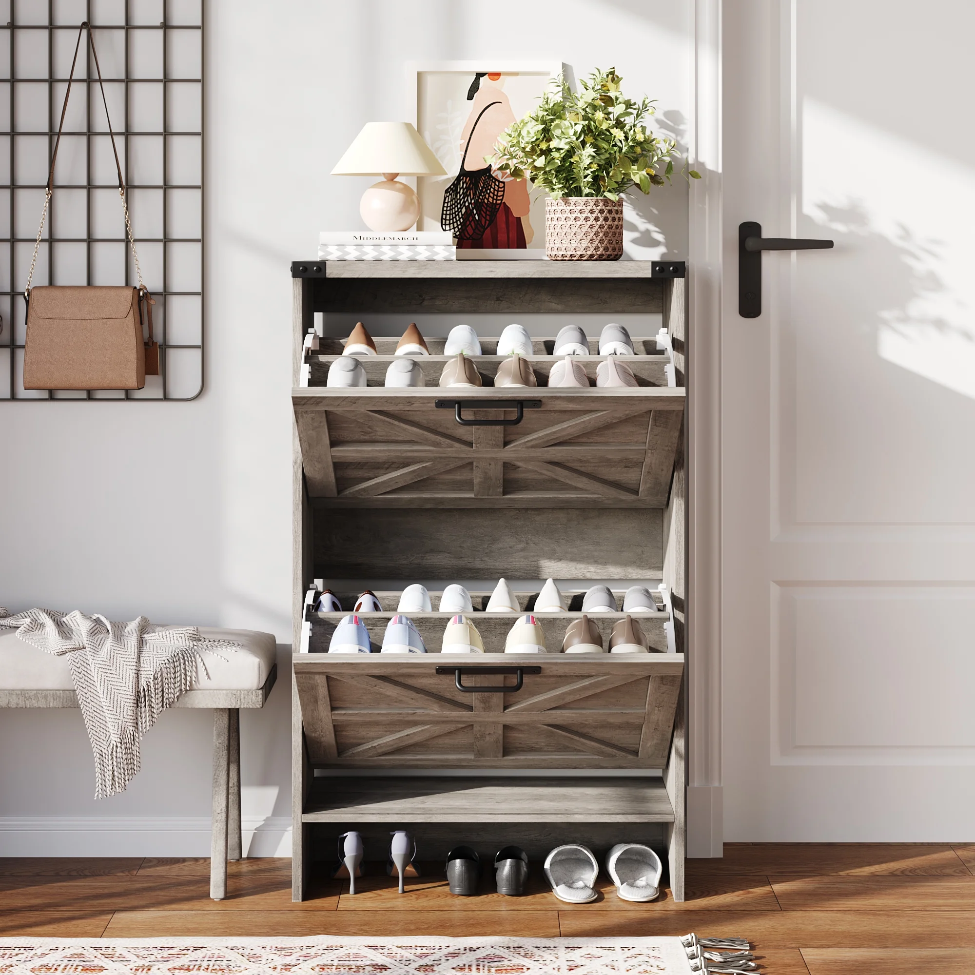 VEANERWOOD Shoes Storage Cabinet With Doors, Farmhouse Shoe Cabinet With 2 Flip Drawers For Entryway,Gray - Image 28