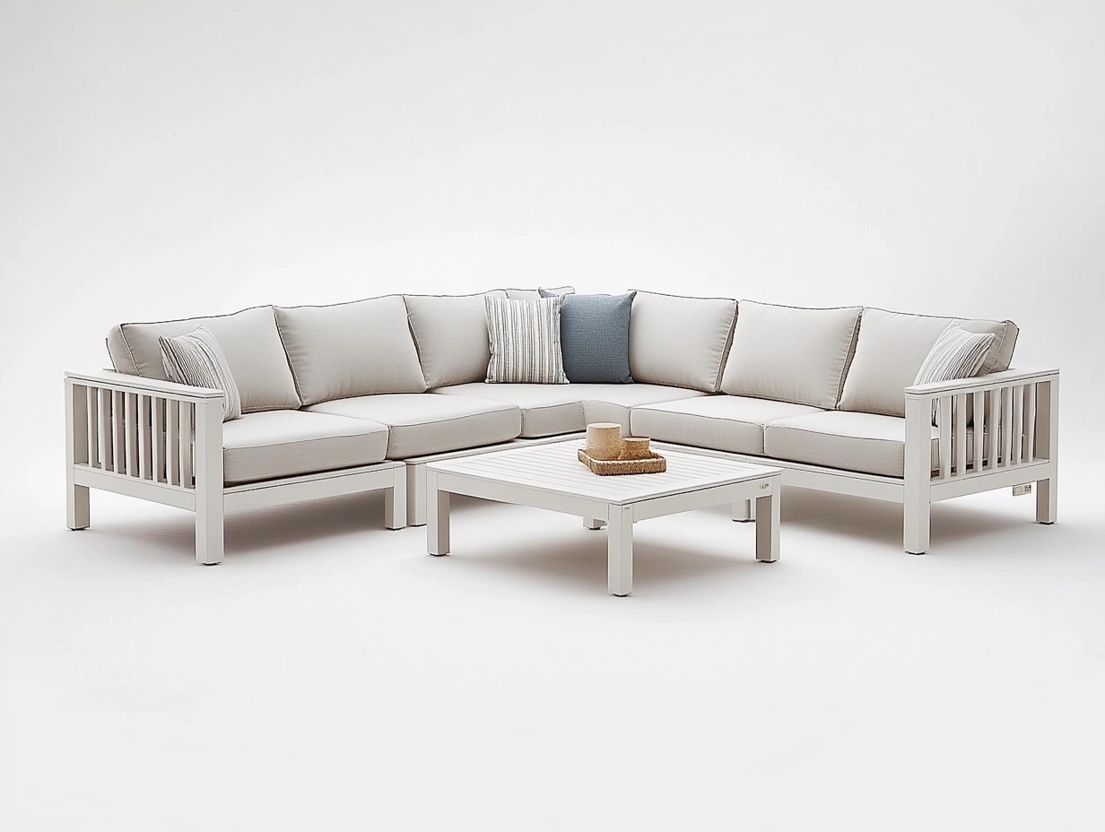 Set de Sofá Modular de Jardín en Blanco con Brazos de Listones y Mesa a Juego