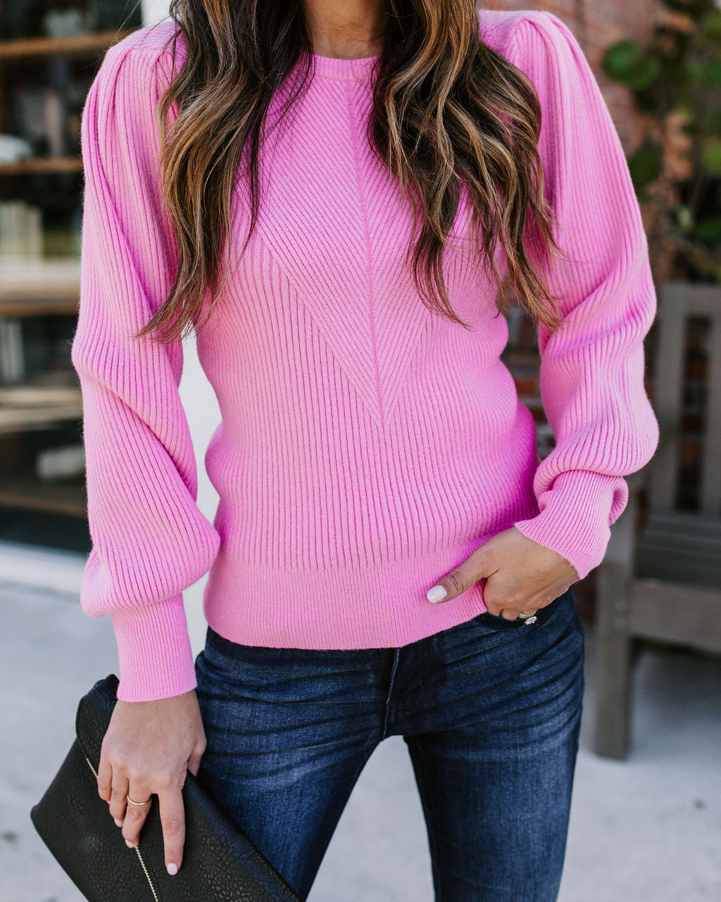 Bubble Over Ribbed Knit Sweater - Pink - Se7enfashion