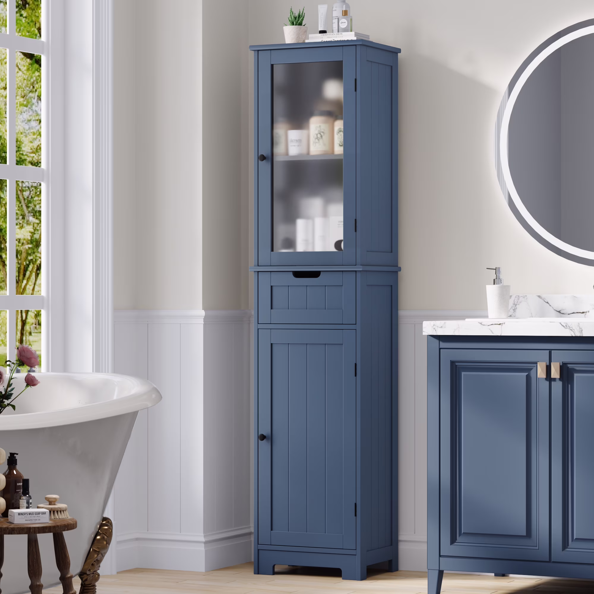 Homfa Bathroom Storage Tower, Narrow Linen Cabinet with Door and Drawers, Tall Bathroom Storage Cabinet for Small Spaces, White