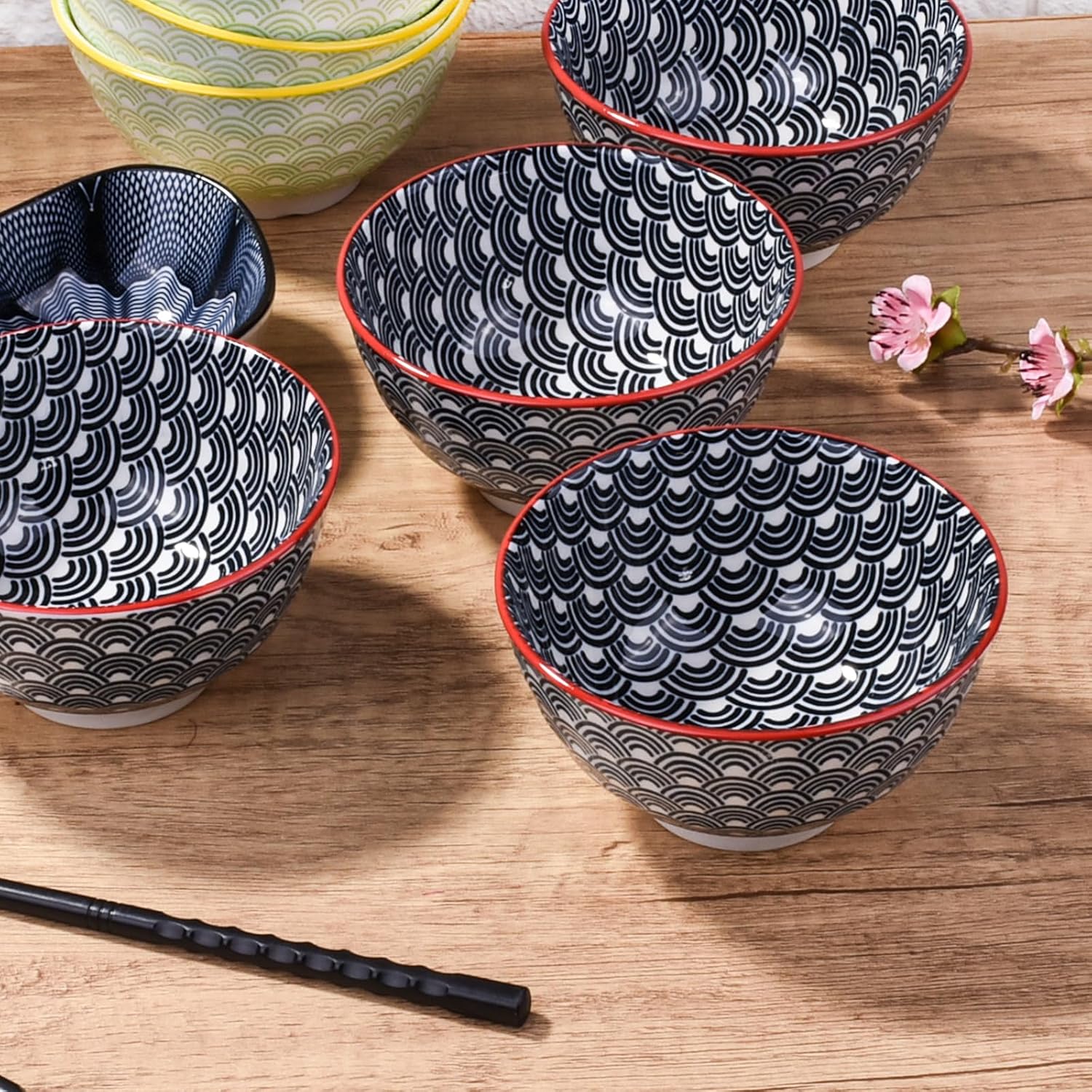 4-Piece Ceramic Small Bowl Set, 4.5-Inch Round Rice Bowls with Black & White Wave Motif, Classic Japanese Style Soup & Cereal Bowls with Red Rim, Microwave & Dishwasher Safe, Stackable