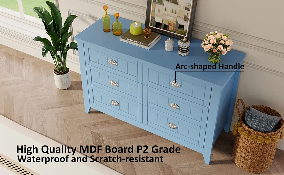 6 Drawer Dresser, Light Blue Elegant Chest of Drawers, Large Cabinet with Storage, Rustic Wood Chest of Drawers for Bedroom, Living Room, Hallway - Image 5