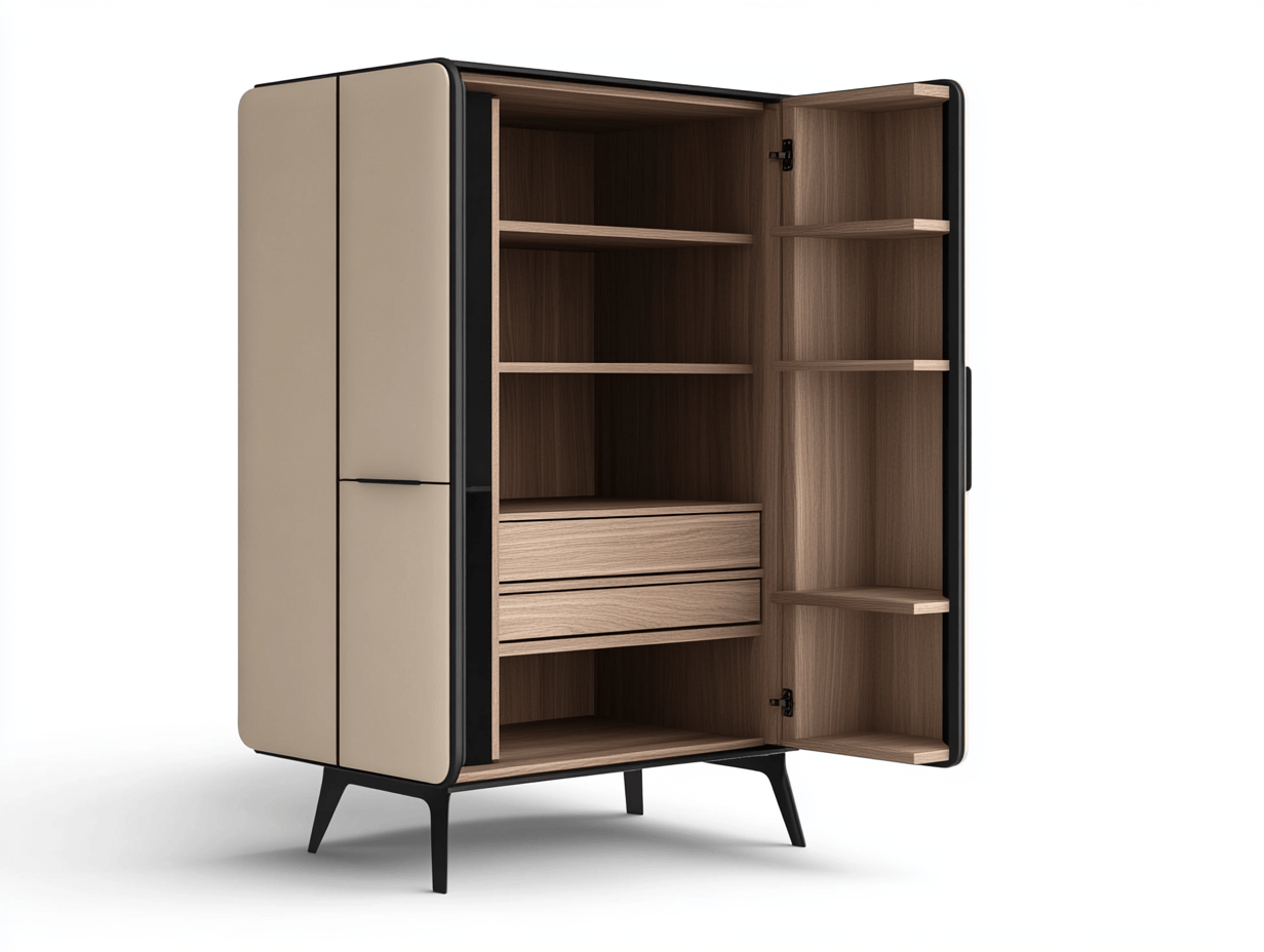 Armario moderno de almacenamiento con cajones estantes interiores y puertas lisas en beige y madera