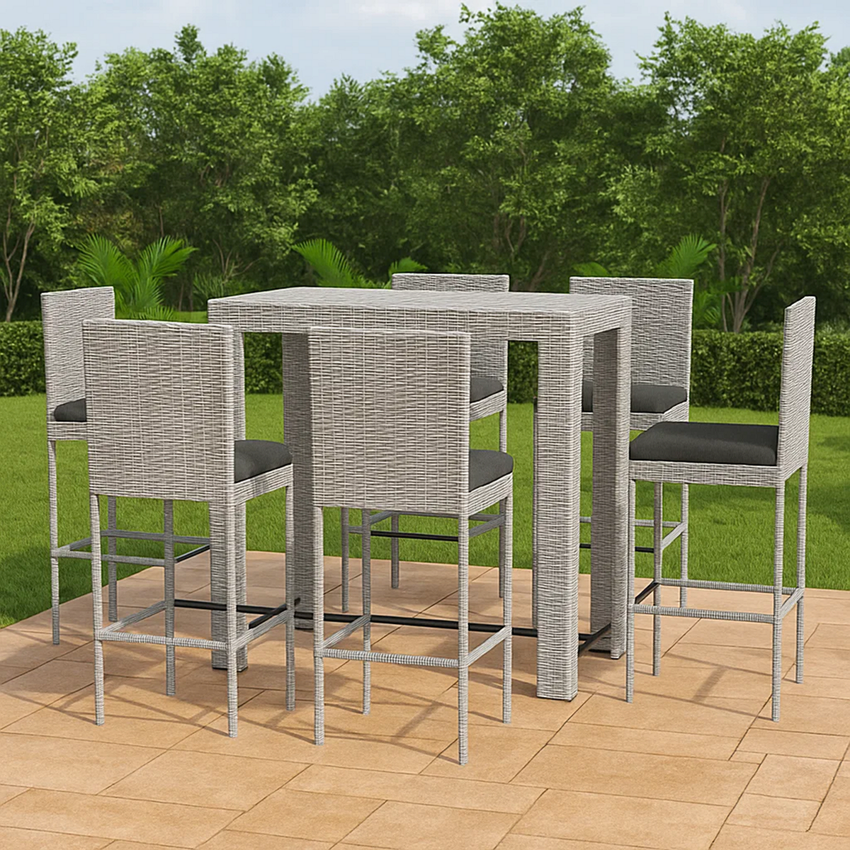 Conjunto de bar para jardín 7 pzas ratán sintético gris con cojines – mesa alta y 6 taburetes