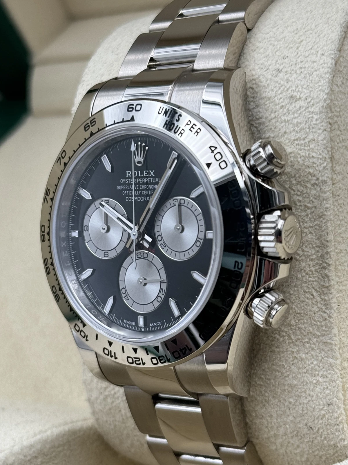 Replica Rolex Cosmograph Daytona White Gold Black Dial Silver Subdials 40mm