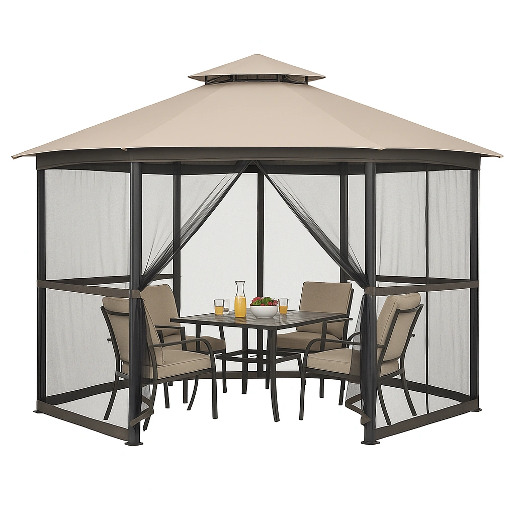 Pérgola cuadrada con malla Mosquitera Beige Tela Acero Exterior Jardín Longitud 300 x Ancho 300 x Altura 250 cm