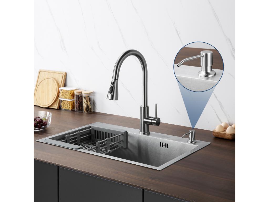 2en1 Fregadero Cocina Cepillado 68x45x19CM con Distributor de jabón ÉGotero Cesta+Mezclador Cocina con Ducha Extraíble Rotativo 360°, Cromado