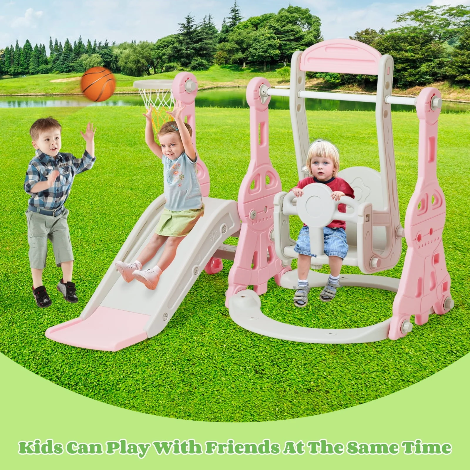Ealing 4 in 1 Slide and Swing Set for Toddler Indoor and Outdoor Baby Slide Climber Playset with Basketball Hoop & Backyard Playground Swing Slide for Boys and Girl Slide length: 11.02' L Pink - Image 6