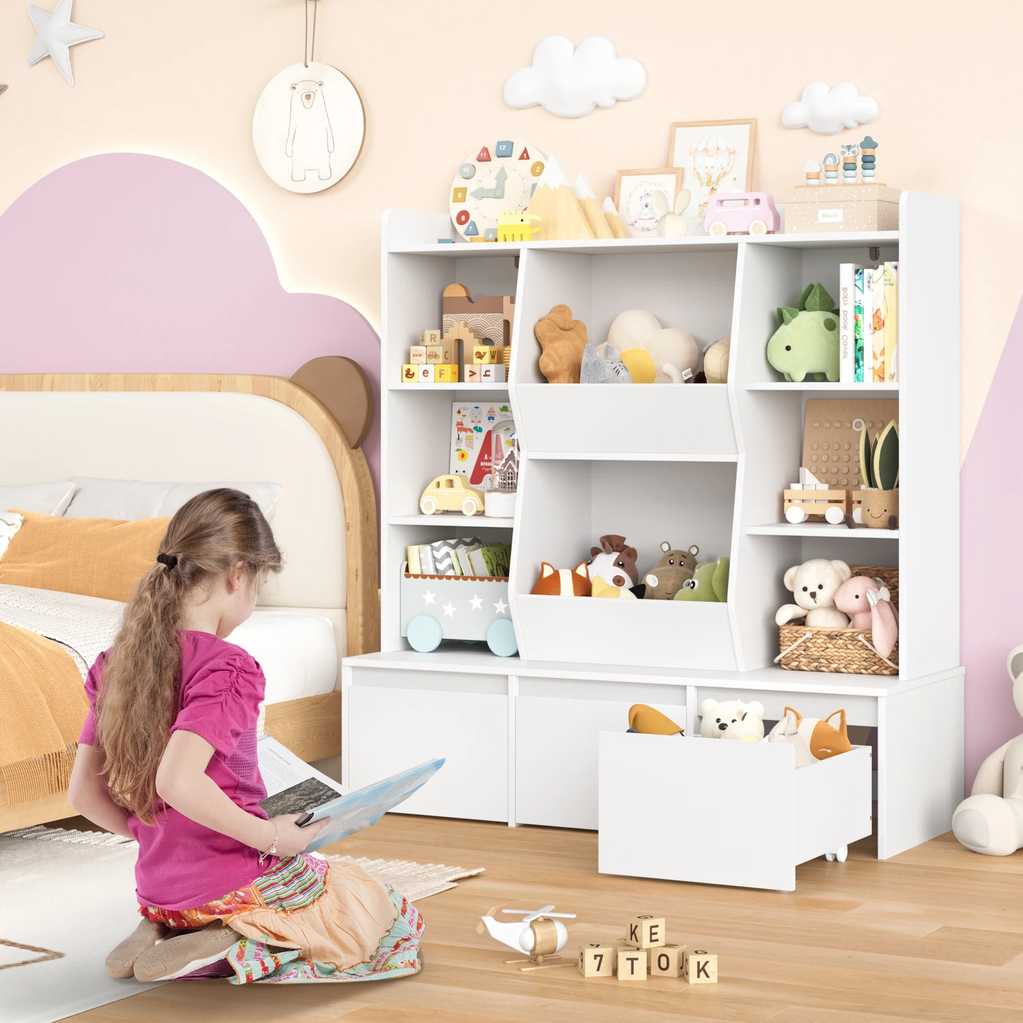 Hiphuta Large Toy Storage Organizer with 4 Shelves, 8 Cube Storage Kids Bookcase for Playroom, Toy Organizer for Kids, White - Image 4