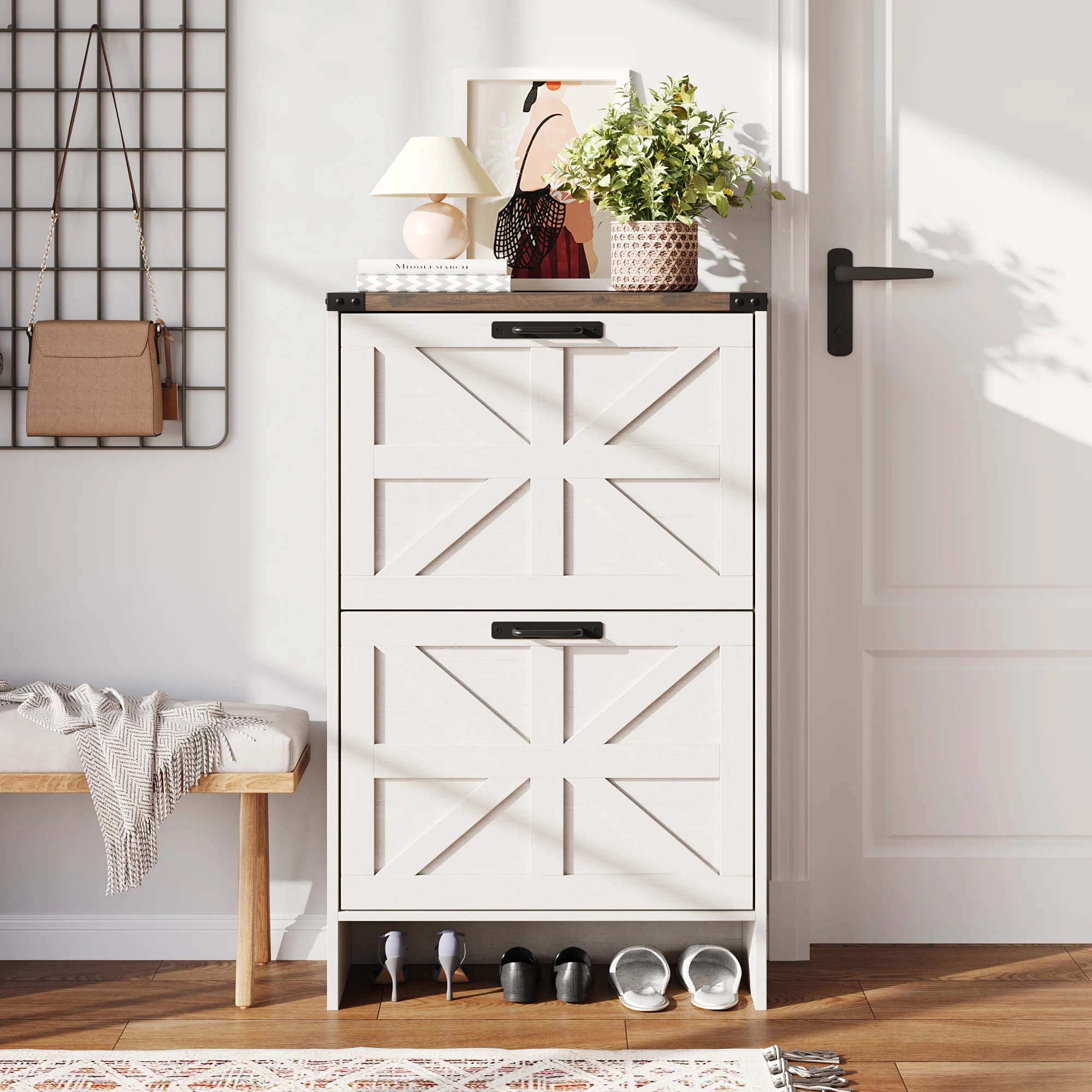 VEANERWOOD Shoes Storage Cabinet With Doors, Farmhouse Shoe Cabinet With 2 Flip Drawers For Entryway,Gray - Image 8