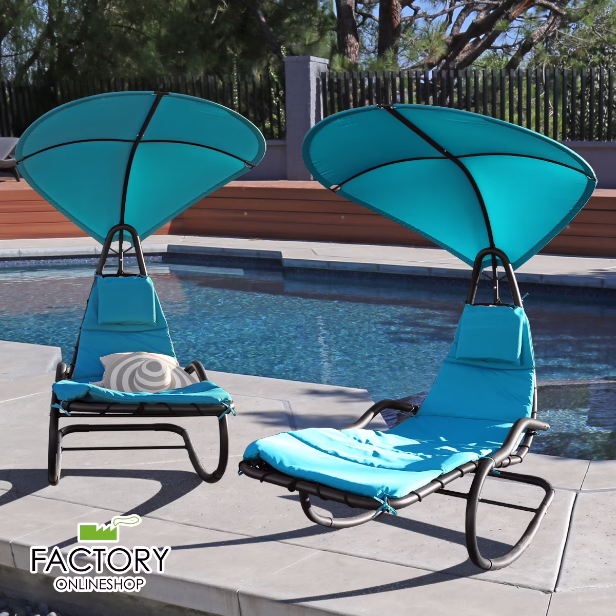 2X Rocking Hanging Lounge Chair - Curved Chaise Rocking Lounge Chair Swing For Backyard Patio w/ Built-in Pillow Removable Canopy with stand {Green} - Image 5